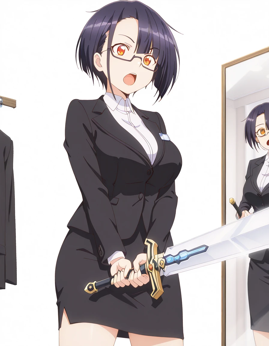 masterpiece, best quality, amazing quality,, <lora:nias-carlin-s1-illustriousxl-lora-nochekaiser:1>, nias carlin, short hair, black hair, brown eyes, orange eyes, glasses, asymmetrical bangs, semi-rimless eyewear, under-rim eyewear, black-framed eyewear, mature female, breasts, anime screencap, shirt, skirt, long sleeves, jacket, white shirt, collared shirt, black skirt, black jacket, formal, suit, pencil skirt, office lady, business suit, skirt suit, <lora:sunrise-stance-illustriousxl-lora-nochekaiser:1>, sunrise stance, weapon, sword, solo, open mouth, holding weapon, holding, holding sword,, fitting room, mirror, clothes, privacy, store, cowboy shot, solo, looking at viewer, <lora:transparent-background-illustriousxl-lora-nochekaiser:1>, transparent background, simple background, white background