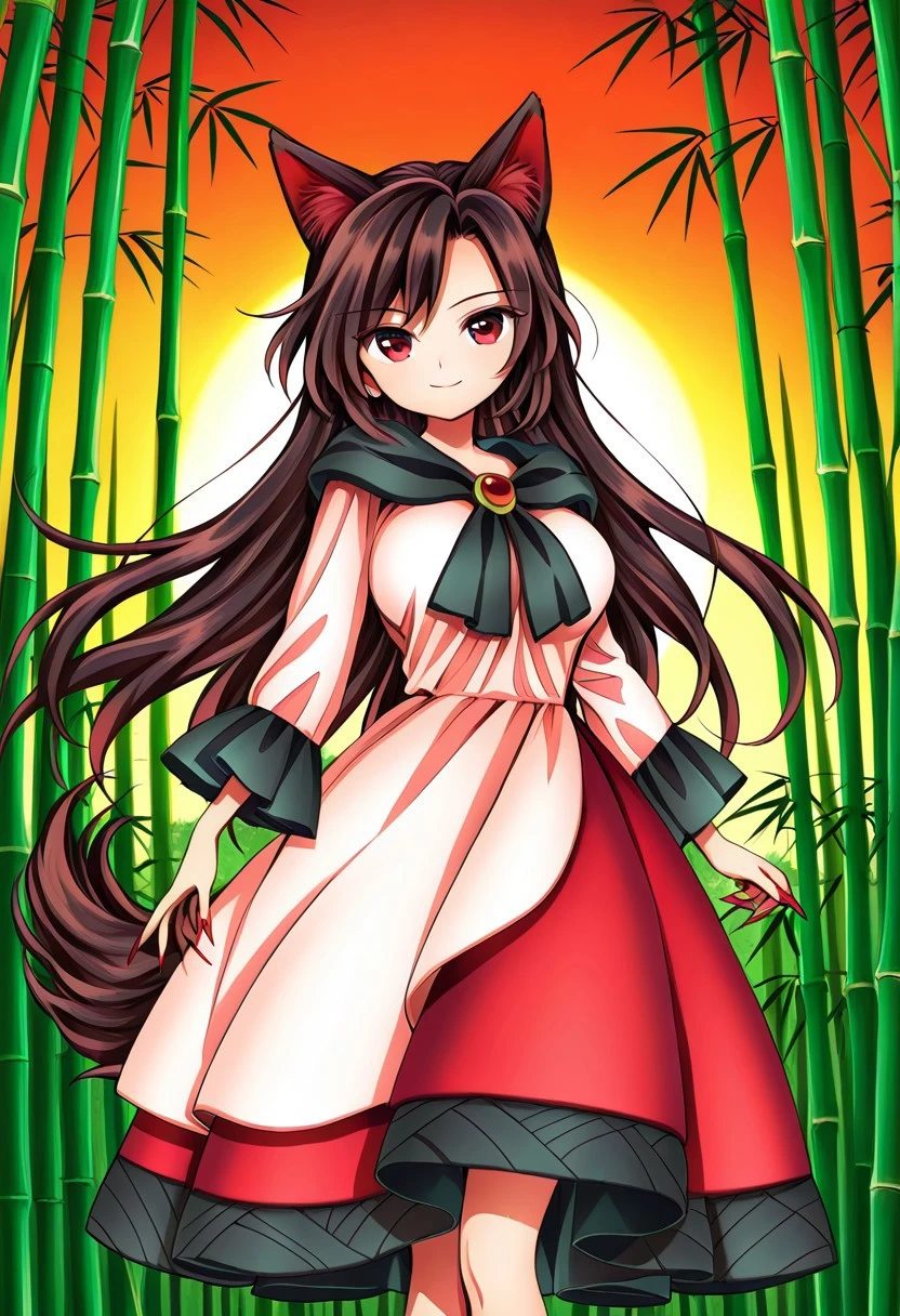 harukawa moe style, ((bamboo forest)), ((sunset)), 1girl, solo, looking at viewer, standing, posing, (soft smile), ((large breasts)), ((imaizumi kagerou)), red eyes, brown hair, long hair, wolf ears, wolf tail, long fingernails,), white dress, red skirt, ((legs))