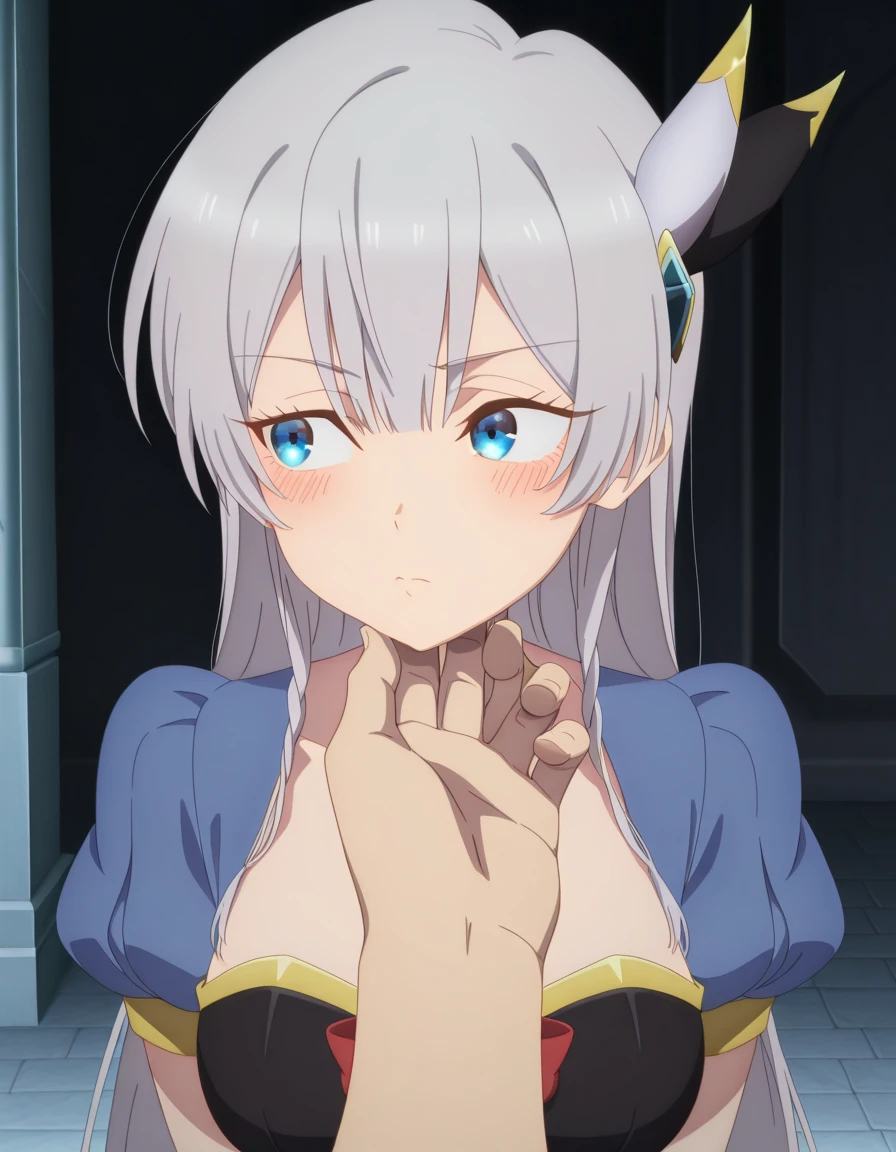 masterpiece, best quality, amazing quality,, <lora:allucia-citrus-s1-illustriousxl-lora-nochekaiser:1>, allucia citrus, long hair, blue eyes, hair ornament, hair between eyes, white hair, grey hair, mature female, medium breasts, anime screencap, <lora:snow-white-cosplay-illustriousxl-lora-nochekaiser:1>, snow white cosplay, snow white (disney) (cosplay), cosplay, dress, hair bow, puff and slash sleeves, puffy short sleeves, puffy sleeves, red bow, short sleeves, skirt, yellow skirt,, <lora:stroking-anothers-chin-pov-illustriousxl-lora-nochekaiser:1>, stroking another's chin pov, stronking another's chin, pov, pov hands, blush, upper body, looking to the side,, ,