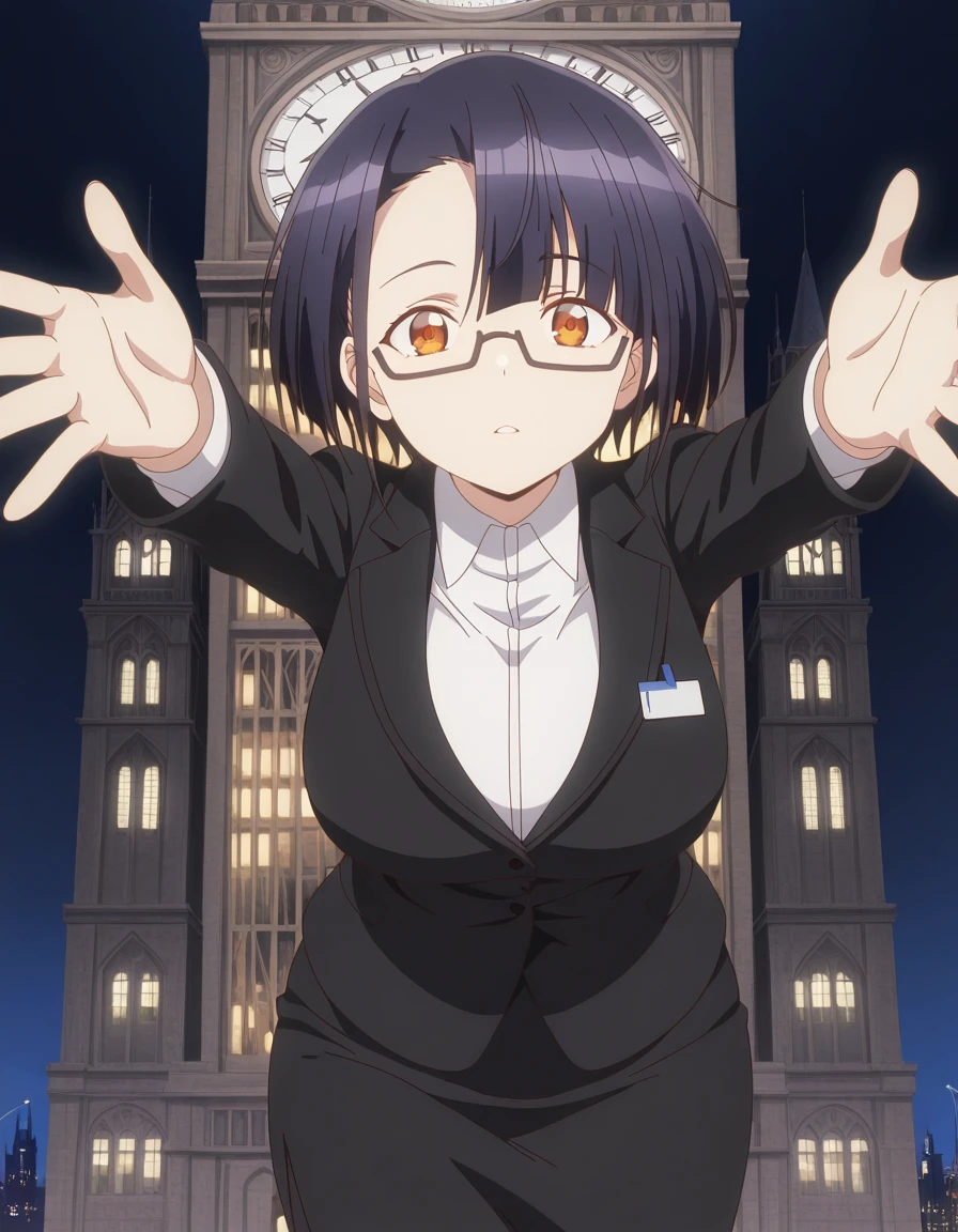 masterpiece, best quality, amazing quality,, <lora:nias-carlin-s1-illustriousxl-lora-nochekaiser:1>, nias carlin, short hair, black hair, brown eyes, orange eyes, glasses, asymmetrical bangs, semi-rimless eyewear, under-rim eyewear, black-framed eyewear, mature female, breasts, anime screencap, shirt, skirt, long sleeves, jacket, white shirt, collared shirt, black skirt, black jacket, formal, suit, pencil skirt, office lady, business suit, skirt suit, on back, arm support, arms up, incoming hug, pov, reaching, reaching towards viewer,, clock tower, clock, height, landmark, hands, cowboy shot, solo, looking at viewer,