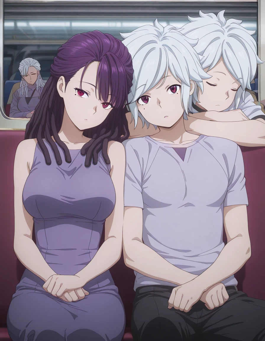 masterpiece, best quality, amazing quality,, <lora:tobeherox-bowa-s1-illustriousxl-lora-nochekaiser:1>, bowa, long hair, viewer, purple hair, purple eyes, mole, mole under eye, hair behind ear, dreadlocks, mature female, medium breasts, anime screencap, <lora:leaning-on-person-side-by-side-illustriousxl-lora-nochekaiser:1>, leaning on person side-by-side, sitting, hetero, sleeping, couple, train interior, leaning on person, <lora:bell-cranel-s5-illustriousxl-lora-nochekaiser:1>, bell cranel, white hair, short hair, red eyes, 1boy,