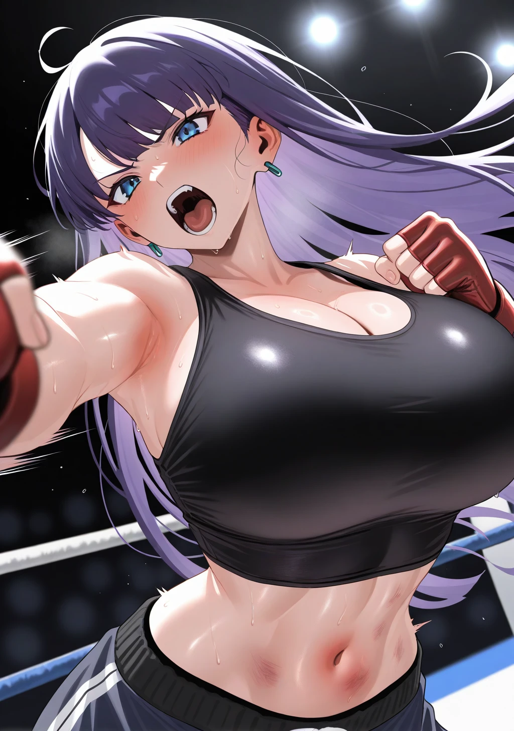 masterpiece, best quality, absurdres, perfect lighting,shiny skin,<lora:ulrich:0.8>,ulrich,1girl,huge breasts,martha \(fate\),abs,black tank top,fit body,earrings,fingerless gloves,sweat,sweat drop,blush,depth of field,boxing ring,cinematic lighting,much sweat,sparring,cowboy shot,fighting pose,fighting stance,punching,motion blur,motion lines,speed lines,dynamic pose,reaching towards viewer,(bruise on stomach:1.3),(bruise:1.2),bruise on face,serious, open mouth, screaming,dutch angle,