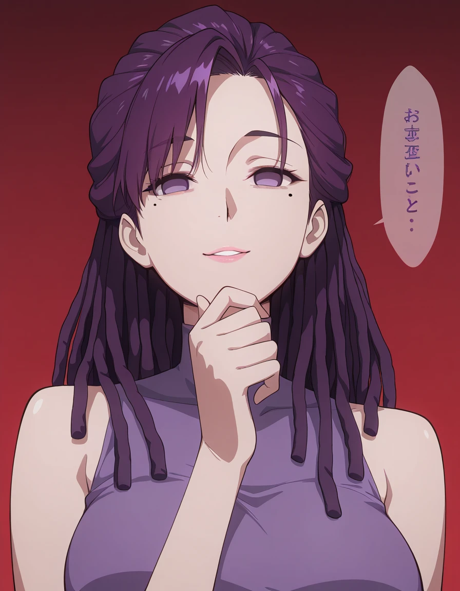 masterpiece, best quality, amazing quality,, <lora:tobeherox-bowa-s1-illustriousxl-lora-nochekaiser:1>, bowa, long hair, viewer, purple hair, purple eyes, mole, mole under eye, hair behind ear, dreadlocks, mature female, medium breasts, anime screencap, <lora:okawaii-koto-illustriousxl-lora-nochekaiser:1>, okawaii koto, looking at viewer, smile, upper body, parted lips, speech bubble, gradient, gradient background, red background, empty eyes, hand on own chin, ,
