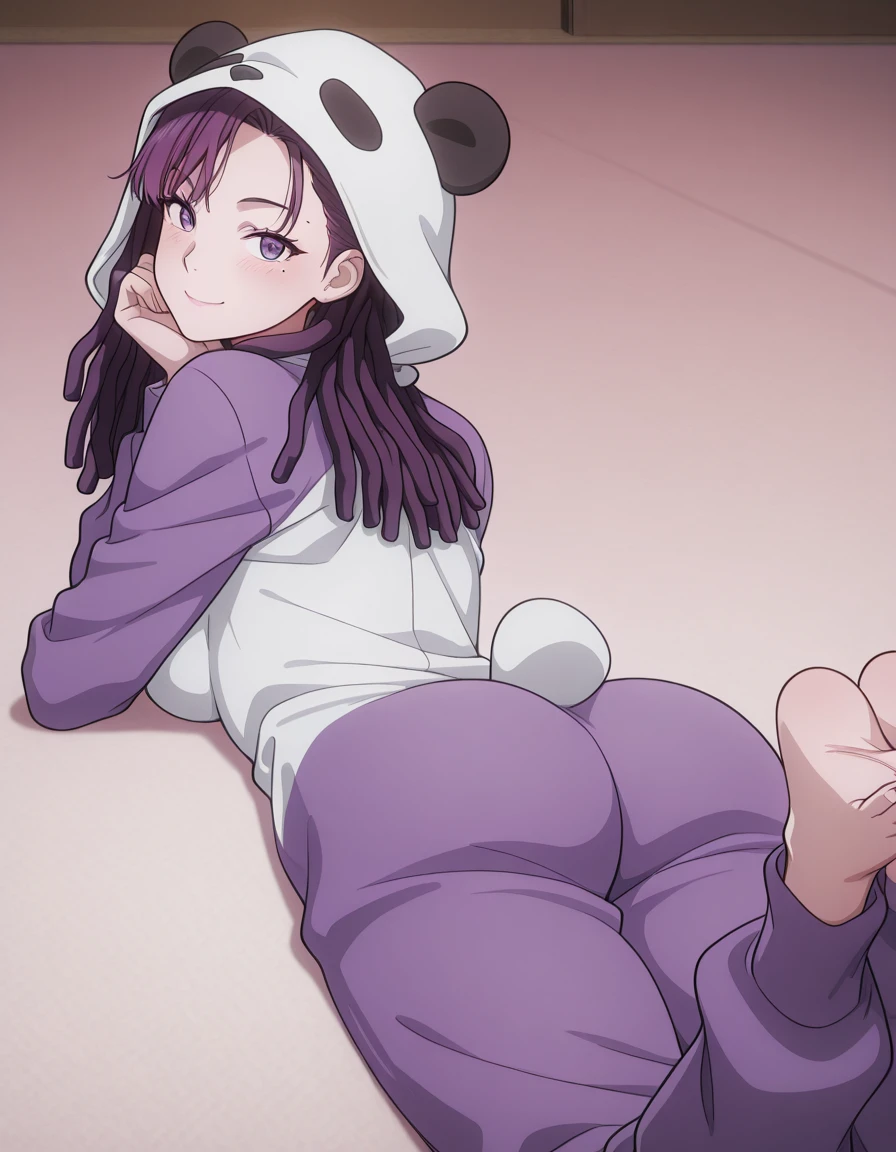 masterpiece, best quality, amazing quality,, <lora:tobeherox-bowa-s1-illustriousxl-lora-nochekaiser:1>, bowa, long hair, viewer, purple hair, purple eyes, mole, mole under eye, hair behind ear, dreadlocks, mature female, medium breasts, anime screencap, <lora:kigurumi-illustriousxl-lora-nochekaiser:1>, kigurumi, animal hood, animal costume, cosplay, panda costume,, <lora:the-pose-illustriousxl-lora-nochekaiser:1>, the pose, on stomach, feet up, lying, soles, feet, legs up, head rest, barefoot, ass, from behind, looking back, looking at viewer, smile, blush,, ,