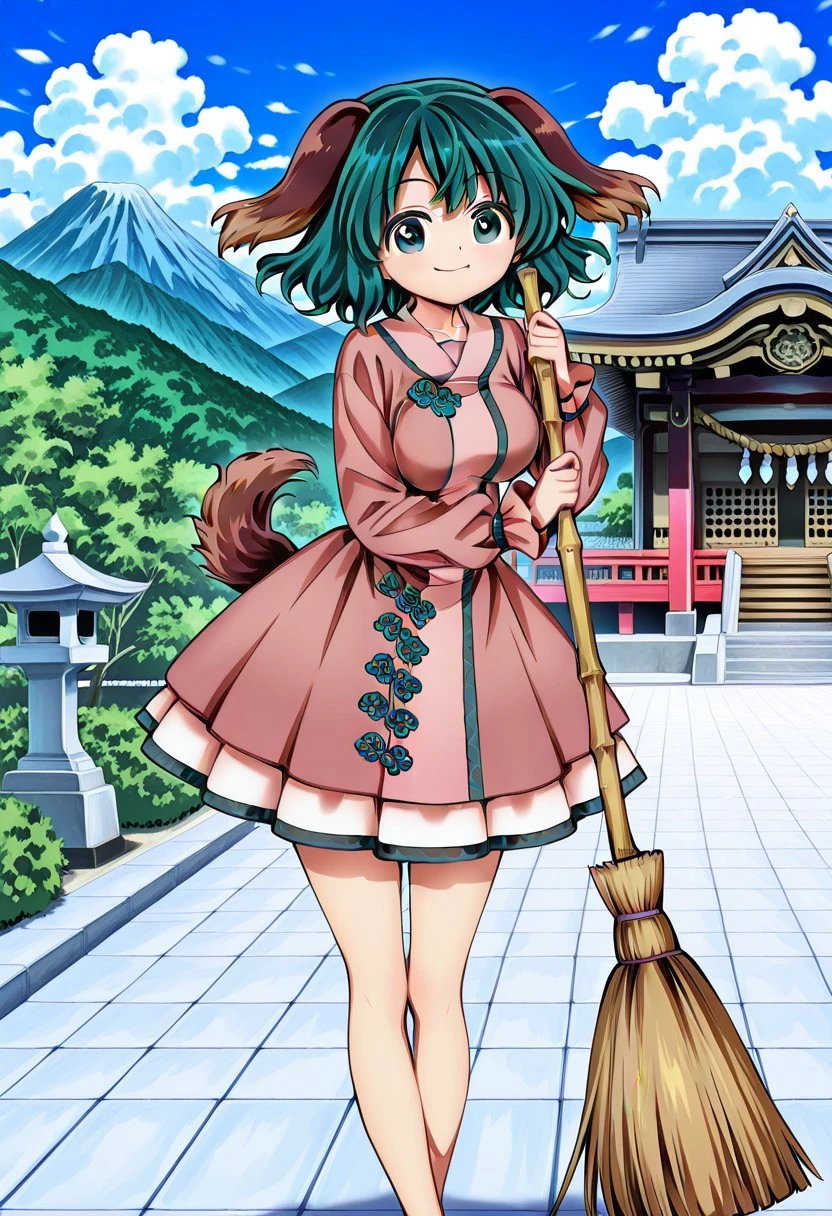 harukawa moe style, ((outdoors)), shrine, cloud, (mountain), ((daytime)), looking at viewer, ((large breasts)), ((kasodani kyouko)), ((cute smile)), 1girl, solo, green eyes, green hair, medium hair, dog ears, dog tail, brown dress, long sleeves, holding broom, ((legs))
