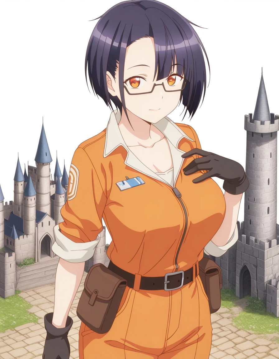 masterpiece, best quality, amazing quality,, <lora:nias-carlin-s1-illustriousxl-lora-nochekaiser:1>, nias carlin, short hair, black hair, brown eyes, orange eyes, glasses, asymmetrical bangs, semi-rimless eyewear, under-rim eyewear, black-framed eyewear, mature female, breasts, anime screencap, shirt, gloves, collarbone, black gloves, belt, sleeves rolled up, pouch, jumpsuit, orange jumpsuit, from above,, castle, stone, towers, medieval, royalty, cowboy shot, solo, looking at viewer, <lora:transparent-background-illustriousxl-lora-nochekaiser:1>, transparent background, simple background, white background