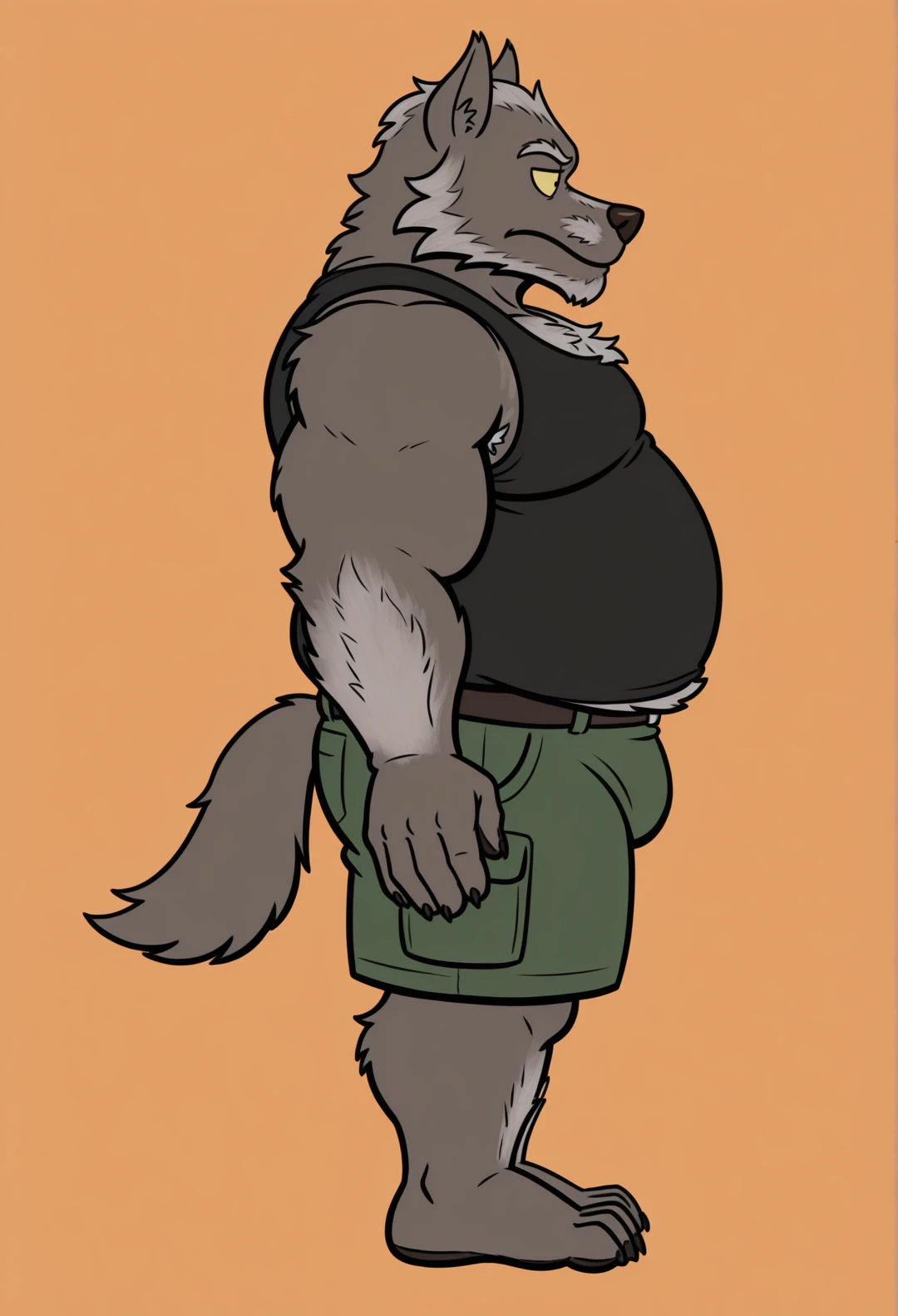 Male Furry, 23 years old, male, furry, fluffy, anthropomorphic, grey-white, lions, short mane, reference sheet, full body, detailed features, bushy tail, sharp teeth, realistic fur texture, Medium: Digital Illustration, Front view and back view, high resolution, professional quality, intricate patterns on the skin, Russian but charismatic personality, attention to anatomy, designed facial structure, on a muscular, black shorts, Tall, masculine