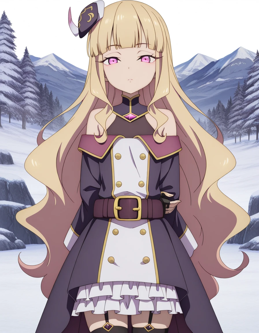 masterpiece, best quality, amazing quality,, <lora:lucy-diamond-s1-illustriousxl-lora-nochekaiser:1>, lucy diamond, long hair, blonde hair, very long hair, pink eyes, purple eyes, blunt bangs, wavy hair, mature female, small breasts, anime screencap, long sleeves, gloves, dress, thighhighs, bare shoulders, frills, black gloves, belt, black thighhighs, wide sleeves, fingerless gloves, buttons, garter straps, double-breasted, hands behind back, bent over,, mountain, rock, height, snow, trees, cowboy shot, solo, looking at viewer, <lora:transparent-background-illustriousxl-lora-nochekaiser:1>, transparent background, simple background, white background
