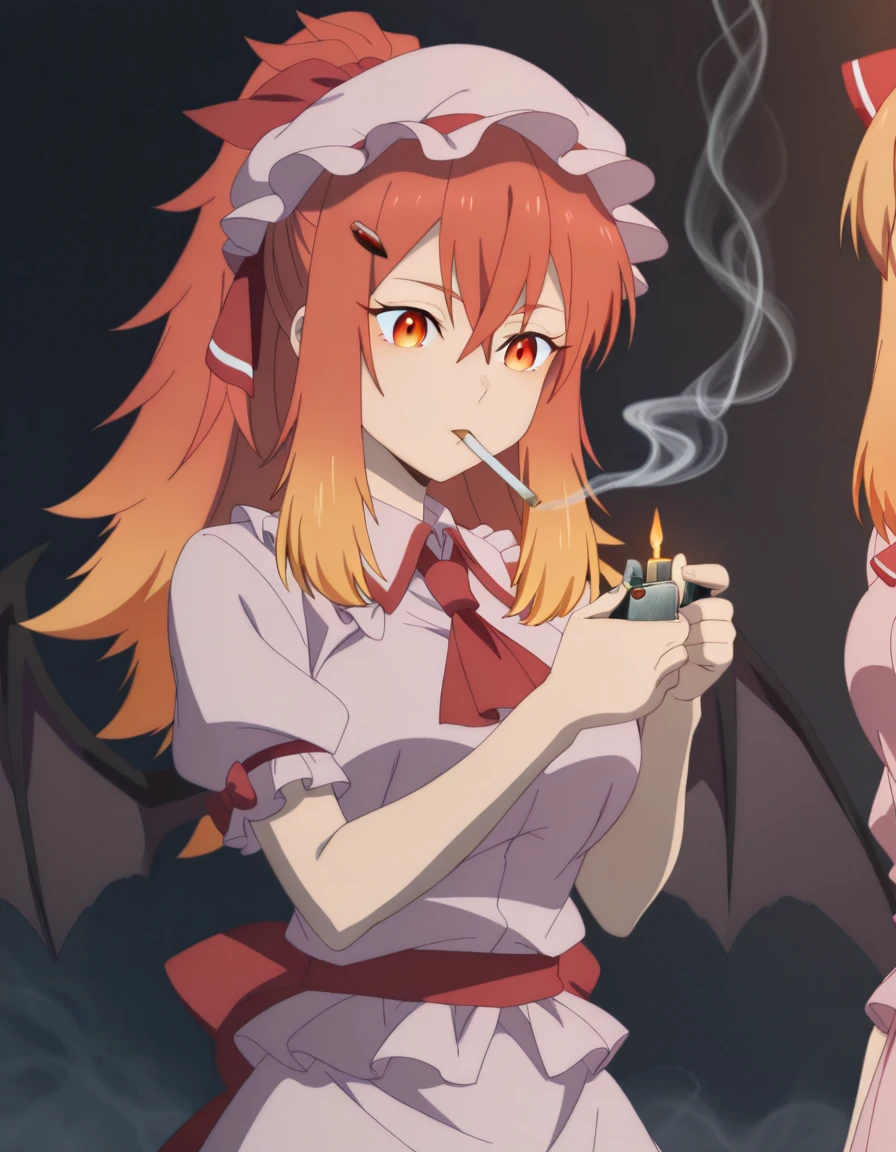 masterpiece, best quality, amazing quality,, <lora:surena-lysandra-s1-illustriousxl-lora-nochekaiser:1>, surena lysandra, blonde hair, hair ornament, red eyes, ribbon, hair between eyes, hair ribbon, ponytail, multicolored hair, red hair, hairclip, orange hair, orange eyes, gradient hair, mature female, breasts, anime screencap, <lora:remilia-scarlet-cosplay-illustriousxl-lora-nochekaiser:1>, remilia scarlet cosplay, remilia scarlet (cosplay), ascot, collared shirt, crystal, frilled shirt collar, frilled skirt, frills, hat, hat ribbon, mob cap, pink hat, pink shirt, pink skirt, red ascot, red ribbon, ribbon, shirt, short sleeves, skirt, wings,, <lora:lighting-cigarette-illustriousxl-lora-nochekaiser:1>, lighting cigarette, lighter, holding lighter, cigarette, smoking, fire, smoke, holding,, ,