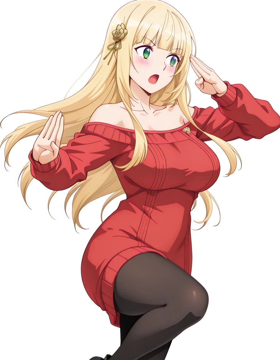 masterpiece, best quality, amazing quality,, <lora:christiana-leta-rosebreia-s1-illustriousxl-lora-nochekaiser:1>, christiana leta rosebreia, long hair, blonde hair, hair ornament, green eyes, blunt bangs, mature female, breasts, anime screencap, <lora:yor-briar-cosplay-illustriousxl-lora-nochekaiser:1>, yor briar cosplay, yor briar (cosplay), bare shoulders, collarbone, dress, long sleeves, off shoulder, off-shoulder dress, off-shoulder sweater, pantyhose, red sweater, sweater, sweater dress, thighs,, <lora:crane-stance-illustriousxl-lora-nochekaiser:1>, crane stance, fighting stance, closed mouth, leg up, standing, standing on one leg, looking to the side, hands up, open mouth, blush, solo, , <lora:transparent-background-illustriousxl-lora-nochekaiser:1>, transparent background, simple background, white background