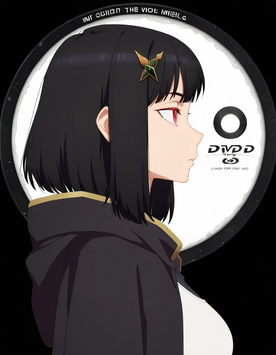 masterpiece, best quality, amazing quality,, <lora:ficelle-harbeller-s1-illustriousxl-lora-nochekaiser:1>, ficelle harbeller, short hair, black hair, hair ornament, red eyes, medium hair, mature female, medium breasts, anime screencap, <lora:disc-stickers-illustriousxl-lora-nochekaiser:1>, disc stickers, dvd logo, english text, hole, circle, transparent background, white background, logo, magazine cover, hole in the middle, profile, ,