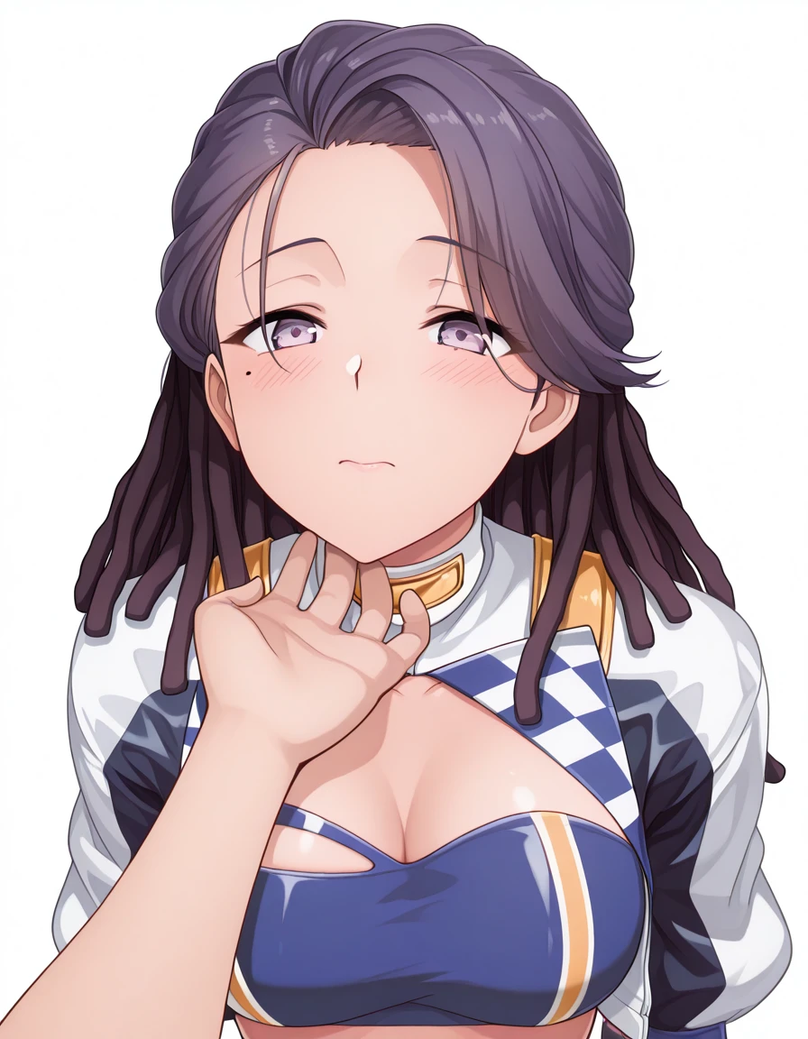 masterpiece, best quality, amazing quality,, <lora:tobeherox-bowa-s1-illustriousxl-lora-nochekaiser:1>, bowa, long hair, viewer, purple hair, purple eyes, mole, mole under eye, hair behind ear, dreadlocks, mature female, medium breasts, anime screencap, <lora:kancolle-gotland-cosplay-illustriousxl-lora-nochekaiser:1>, kancolle gotland cosplay, gotland (kancolle) (cosplay), blue bandeau, blue tube top, race queen, bandeau, tube top, cropped jacket, cosplay,, <lora:stroking-anothers-chin-pov-illustriousxl-lora-nochekaiser:1>, stroking another's chin pov, stronking another's chin, pov, pov hands, blush,, , <lora:transparent-background-illustriousxl-lora-nochekaiser:1>, transparent background, simple background, white background