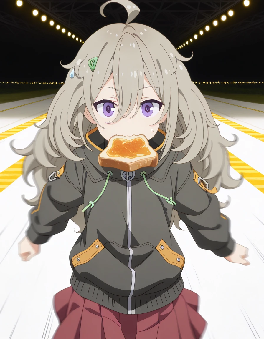 masterpiece, best quality, amazing quality,, <lora:tsutsuji-higa-s1-illustriousxl-lora-nochekaiser:1>, tsutsuji higa, long hair, hair ornament, hair between eyes, purple eyes, grey hair, ahoge, hairclip, messy hair, anime screencap, skirt, long sleeves, jacket, pleated skirt, black jacket, red skirt, zipper, zipper pull tab, <lora:food-in-mouth-running-illustriousxl-lora-nochekaiser:1>, food in mouth running, food in mouth, running, bread, bread slice, food, toast in mouth, toast, sweatdrop, motion lines, motion blur, outdoors, straight-on, runway, planes, lights, takeoff, landing, cowboy shot, solo, looking at viewer, <lora:transparent-background-illustriousxl-lora-nochekaiser:1>, transparent background, simple background, white background