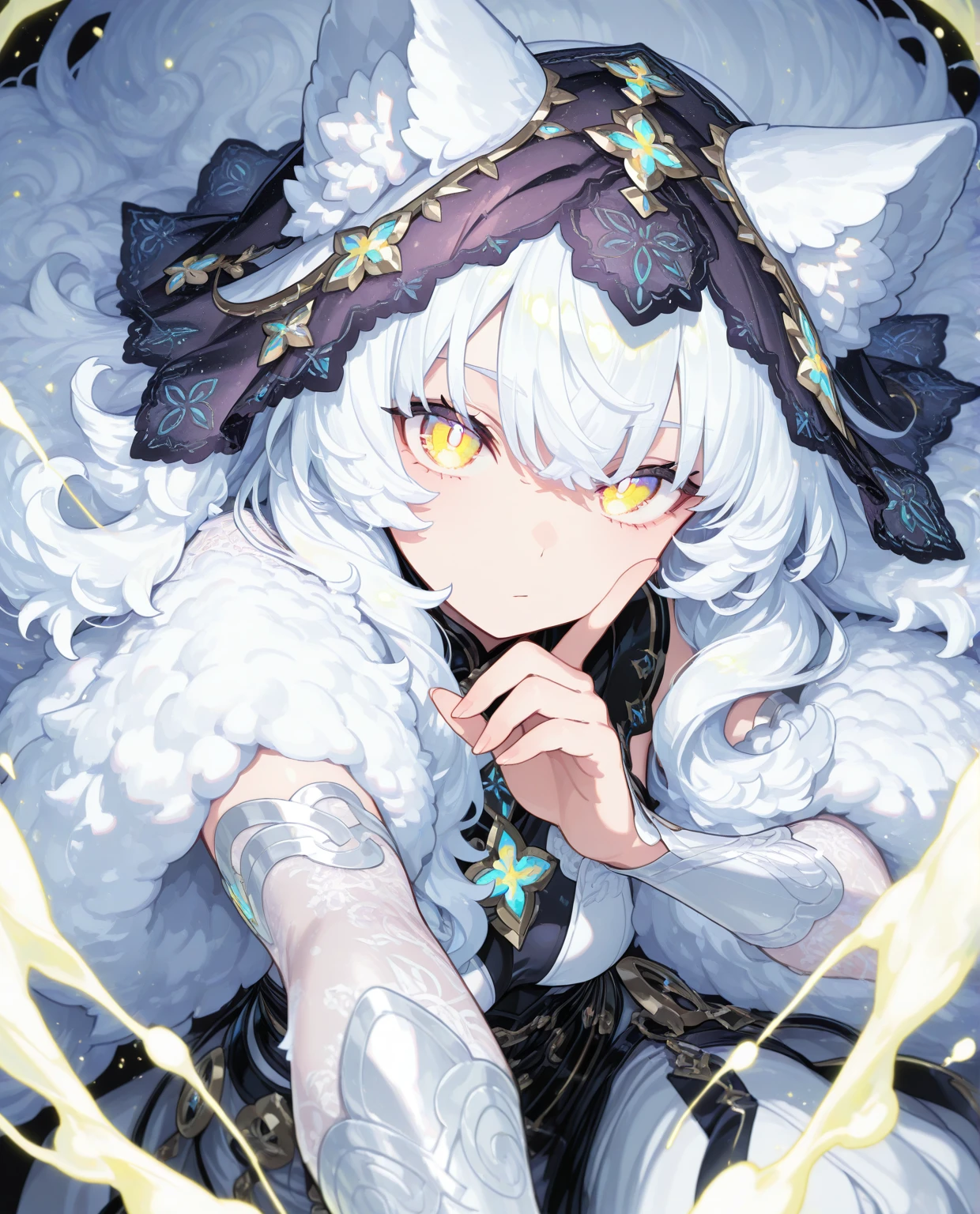 1girl, ethereal_cauliflower, (fluffy_white_hair:1.1), fractal_curd_veil, glowing_yellow_eyes, floating_roots. dynamic pose,glowing,
dynamic pose,looking at viewer, 

masterpiece, highres, absurdres, newest, close-up, 
