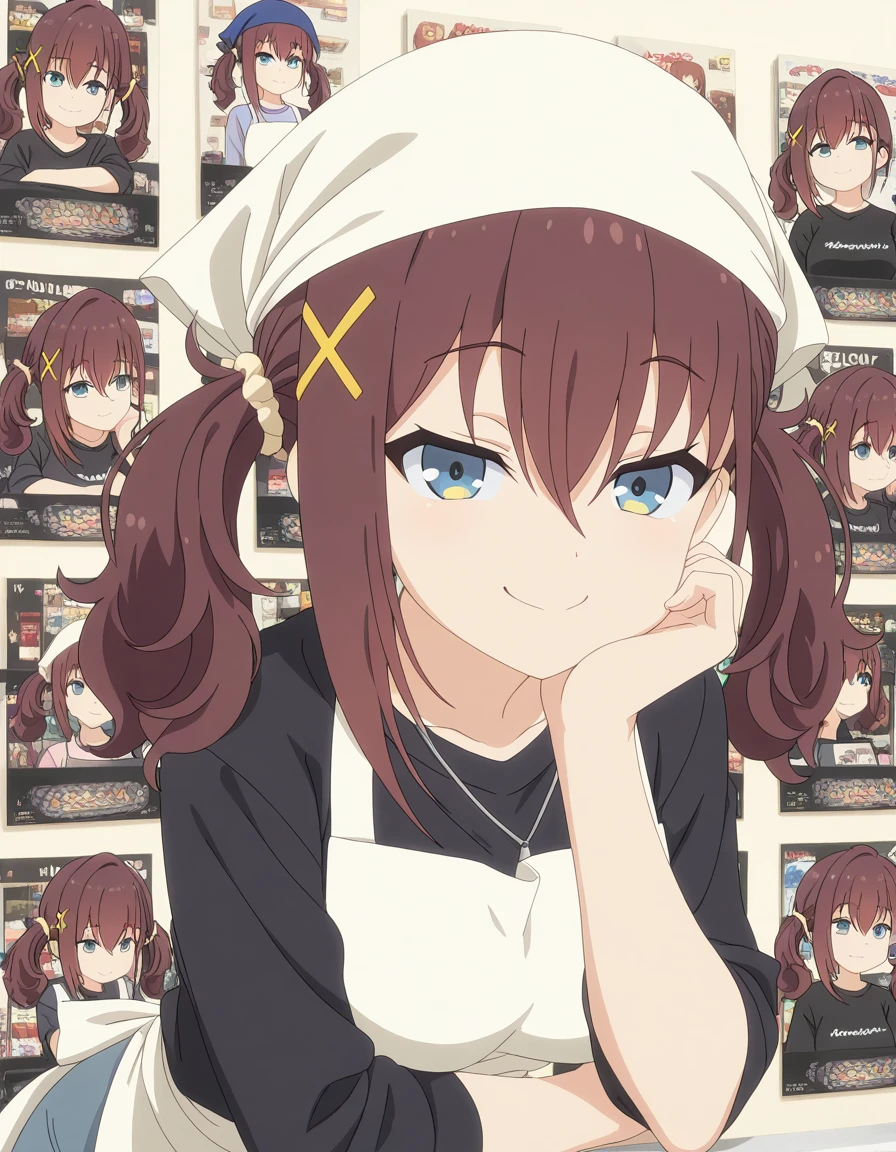 masterpiece, best quality, amazing quality,, <lora:kurea-furutachi-s1-illustriousxl-lora-nochekaiser:1>, kurea furutachi, blue eyes, brown hair, hair ornament, hair between eyes, twintails, red hair, scrunchie, x hair ornament, hair scrunchie, mature female, medium breasts, anime screencap, shirt, apron, black shirt, white apron, head scarf, head rest, smug, music store, browsing records, headphones, vinyl collection, nostalgic, cowboy shot, solo, looking at viewer,