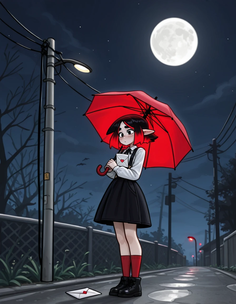 <lora:JustAdrian_Style_LoRA:1.2> ju5t4dr14n, 1girl, umbrella, moon, letter, solo, holding, blush, pointy ears, night, black hair, skirt, red socks, suspender skirt, outdoors, socks, red umbrella, suspenders, love letter, holding letter, black skirt, red hair, holding umbrella, black footwear, envelope, multicolored hair, short hair, full moon, heart, long sleeves, standing, utility pole, black eyes, lamppost