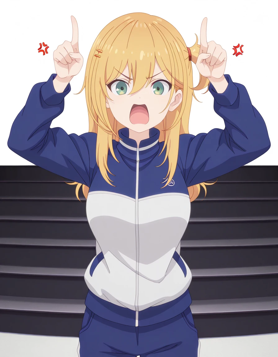 masterpiece, best quality, amazing quality,, <lora:nana-hoshi-s1-illustriousxl-lora-nochekaiser:1>, nana hoshi, long hair, blonde hair, hair ornament, hair between eyes, green eyes, hairclip, one side up, mature female, medium breasts, anime screencap, long sleeves, jacket, pants, blue jacket, track jacket, blue pants, track suit, track pants, <lora:horns-pose-illustriousxl-lora-nochekaiser:1>, horns pose, index fingers raised, angry, steam, open mouth, shouting, anger vein, cowboy shot, hands up,, amphitheater, seats, outdoor, stage, large, cowboy shot, solo, looking at viewer, <lora:transparent-background-illustriousxl-lora-nochekaiser:1>, transparent background, simple background, white background