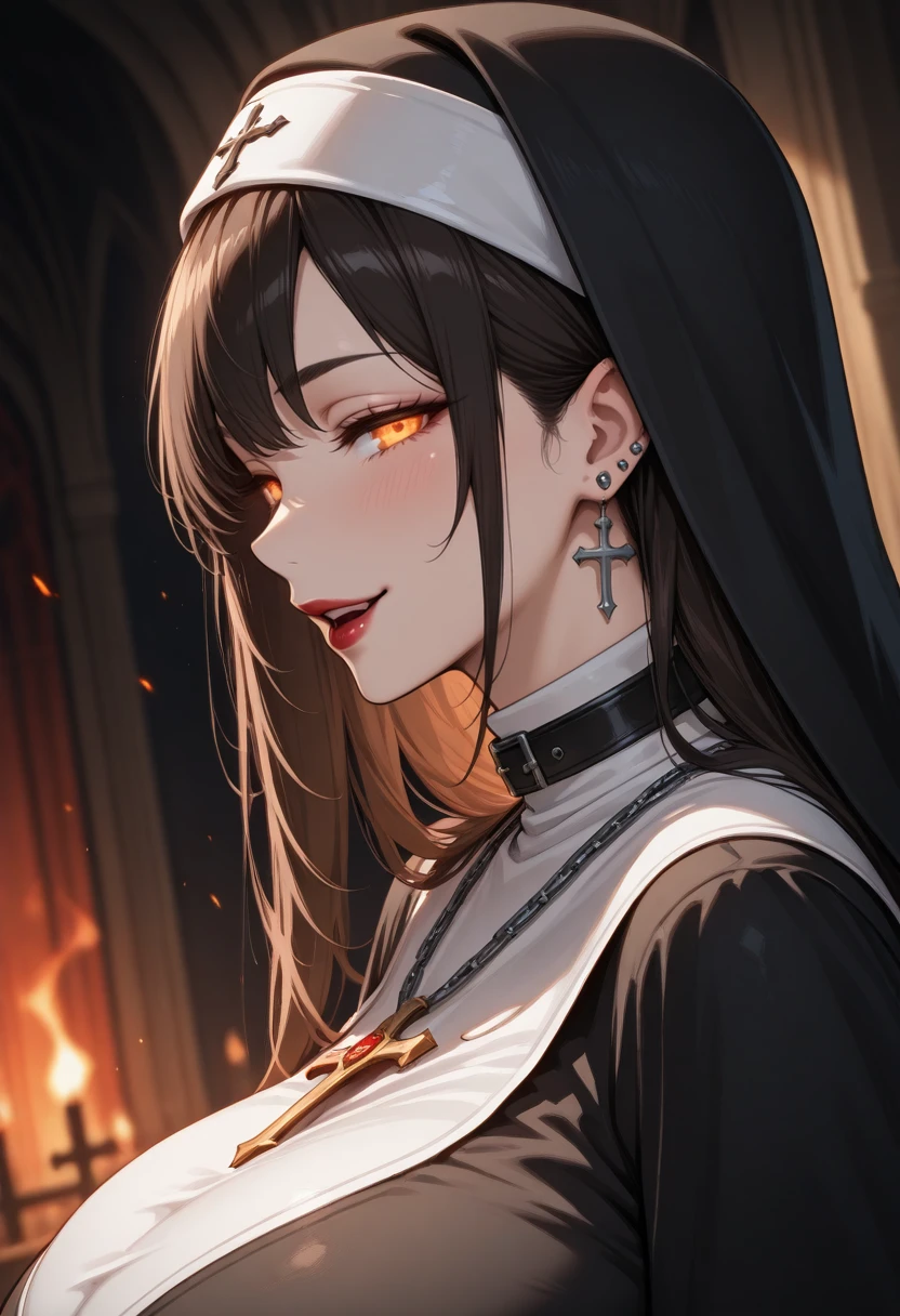 luxury vampire castle, 1girl, solo, long hair, looking at viewer, blush, smile, open mouth, black hair, brown hair, jewelry, earrings, parted lips, teeth, indoors, necklace, from side, huge breasts, collar, orange eyes, blurry background, profile, dutch angle, night, piercing, chain, depth of field, glowing, half-closed eyes, portrait, ear piercing, fire, cross, light particles, glowing eyes, curvy, mature female, red lips, nun, habit, dark background, red theme, cross earrings, embers, masterpiece, best quality, amazing quality, newest, <lora:MSS_v2_IL:0.8>