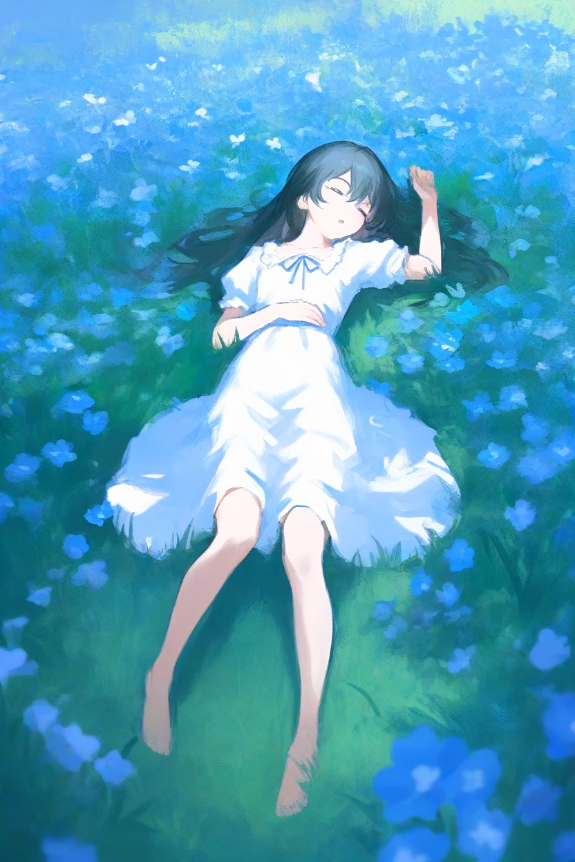 <lora:Melancholy1llust:0.8>,Melancholy,Solitude,Textured Brushstrokes,
masterpiece,good quality,newest,very aesthetic, 1girl, dress, solo, barefoot, closed eyes, flower, lying, on back, black hair, short sleeves, puffy sleeves, white dress, puffy short sleeves, blue theme, long hair, on ground, outdoors, field, grass, sleeping, blue flower, full body, parted lips