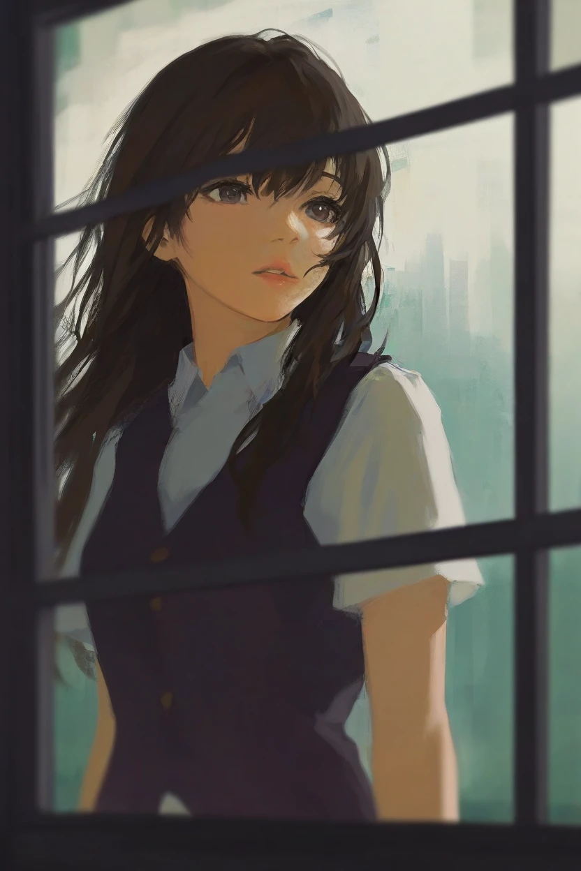 <lora:Melancholy1llust:0.8>,Melancholy,Solitude,Textured Brushstrokes,
masterpiece,good quality,newest,very aesthetic, 1girl, solo, long hair, black hair, parted lips, shirt, brown hair, vest, lips, reflection, white shirt, short sleeves, blurry, looking outside