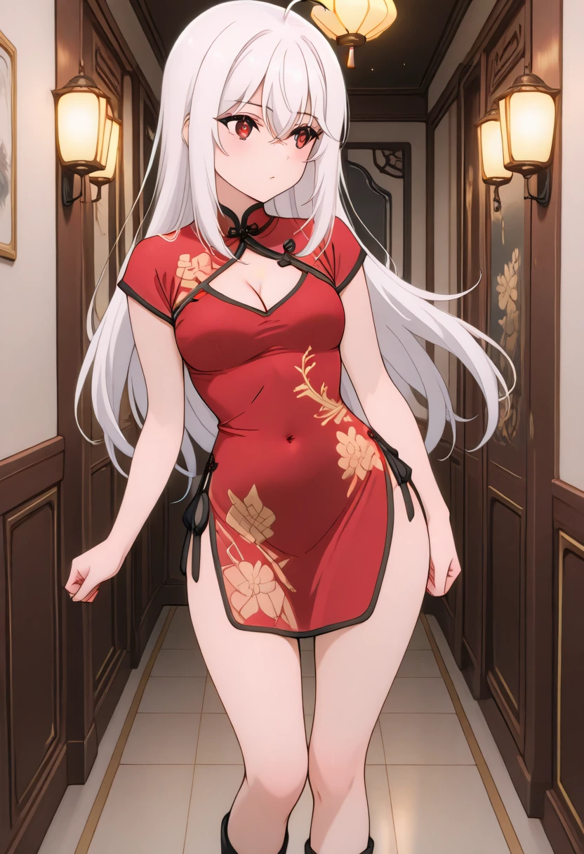 anime screencap,masterpiece,best quality, <lora:China-4v1:1> cha-4v1, 1girl, short dress, china dress, chinese clothes, red dress, short sleeves, side slit, back cutout, black footwear, cleavage 
 masterpiece, best quality, solo, 1girl, flowing train, Descending a staircase in a luxury interior beneath chandeliers, turning heads at a high-fashion gala.
 <lora:ninym-v1:0.8> ninym-v1,1girl,solo,red eyes,white hair,long hair,bangs,ahoge,medium breast,