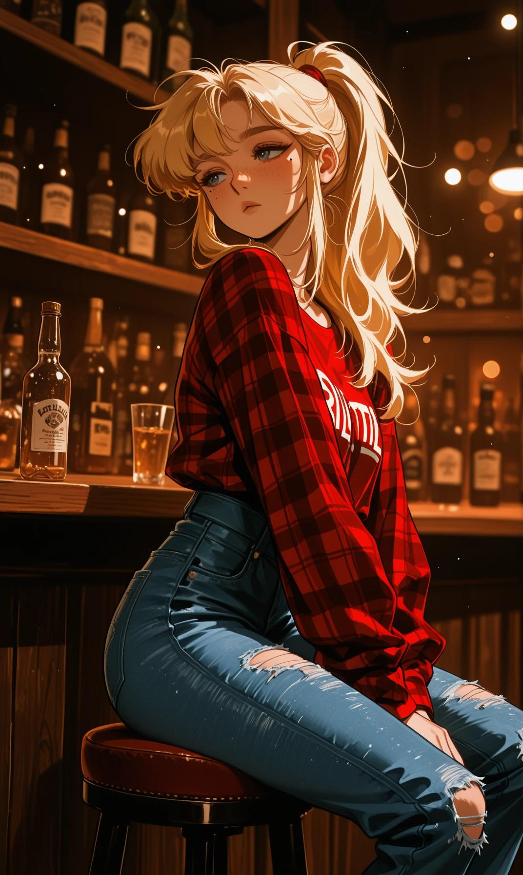 Re5ro, retro, girl in knotted shirt, 1girl, solo, denim, shirt, torn pants, jeans, pants, blonde hair, freckles, plaid shirt, mole, torn clothes, mole under eye, ponytail, torn jeans, long hair, bottle, bar background, blurry background, sitting on stool chair, cowgirl, beautiful, attractive woman, dynamic angle, ethereal, bokeh,