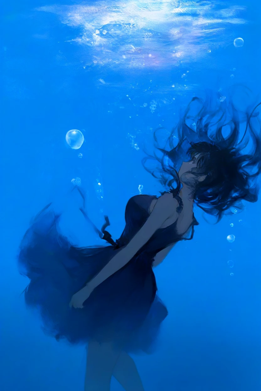 <lora:Melancholy1llust:0.8>,Melancholy,Solitude,Textured Brushstrokes,
masterpiece,good quality,newest,very aesthetic, 1girl, solo, breasts, dress, underwater, black hair, large breasts, blue theme, bubble