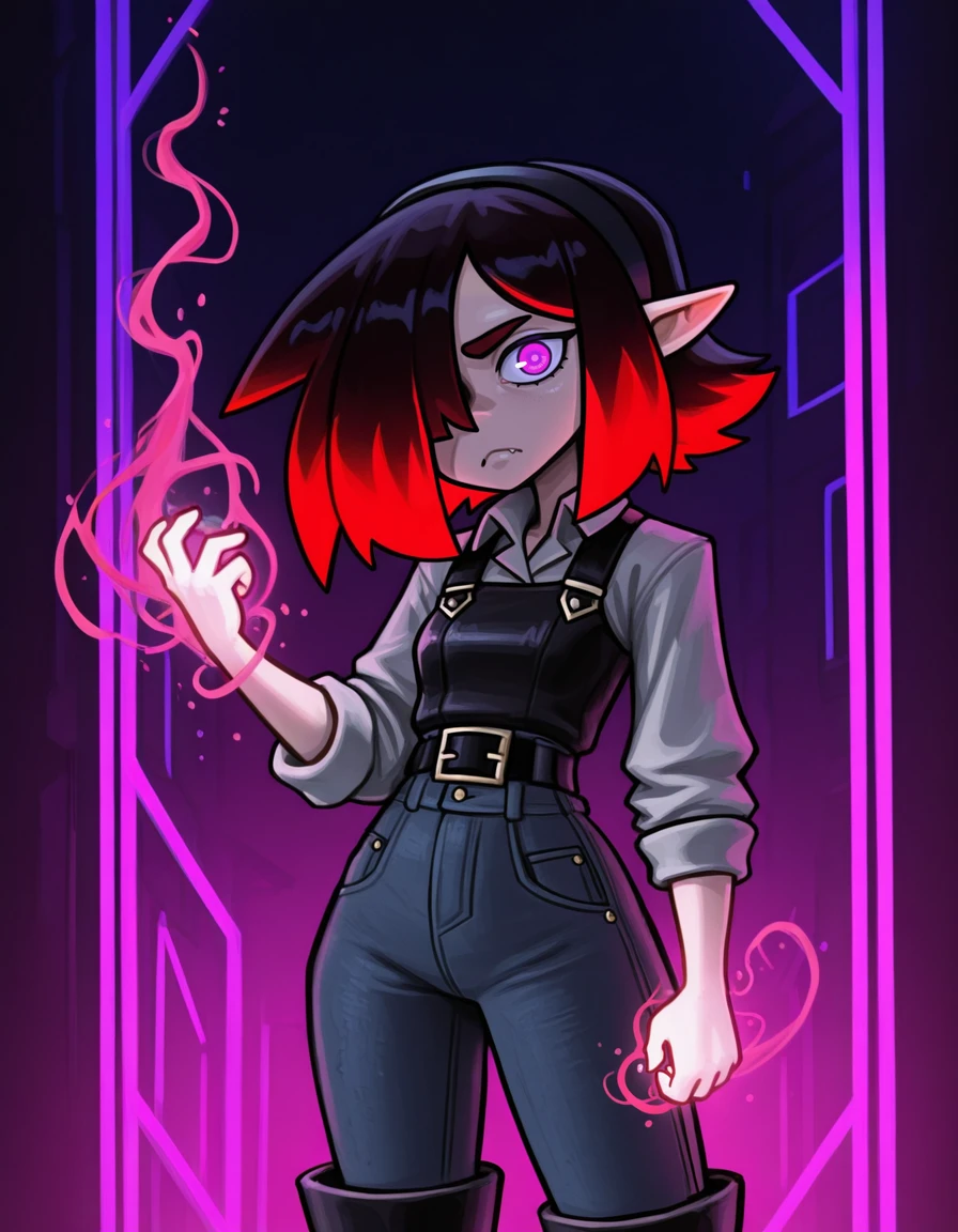 <lora:JustAdrian_Style_LoRA:1.2> ju5t4dr14n,
1girl, black hair, , red hair, boots, closed mouth, collared shirt, fang, frown, cowboy shot, hair over one eye, hairband, hand up, jeans, looking at viewer, night, pointy ears, purple eyes, neon background, glowing, magic,