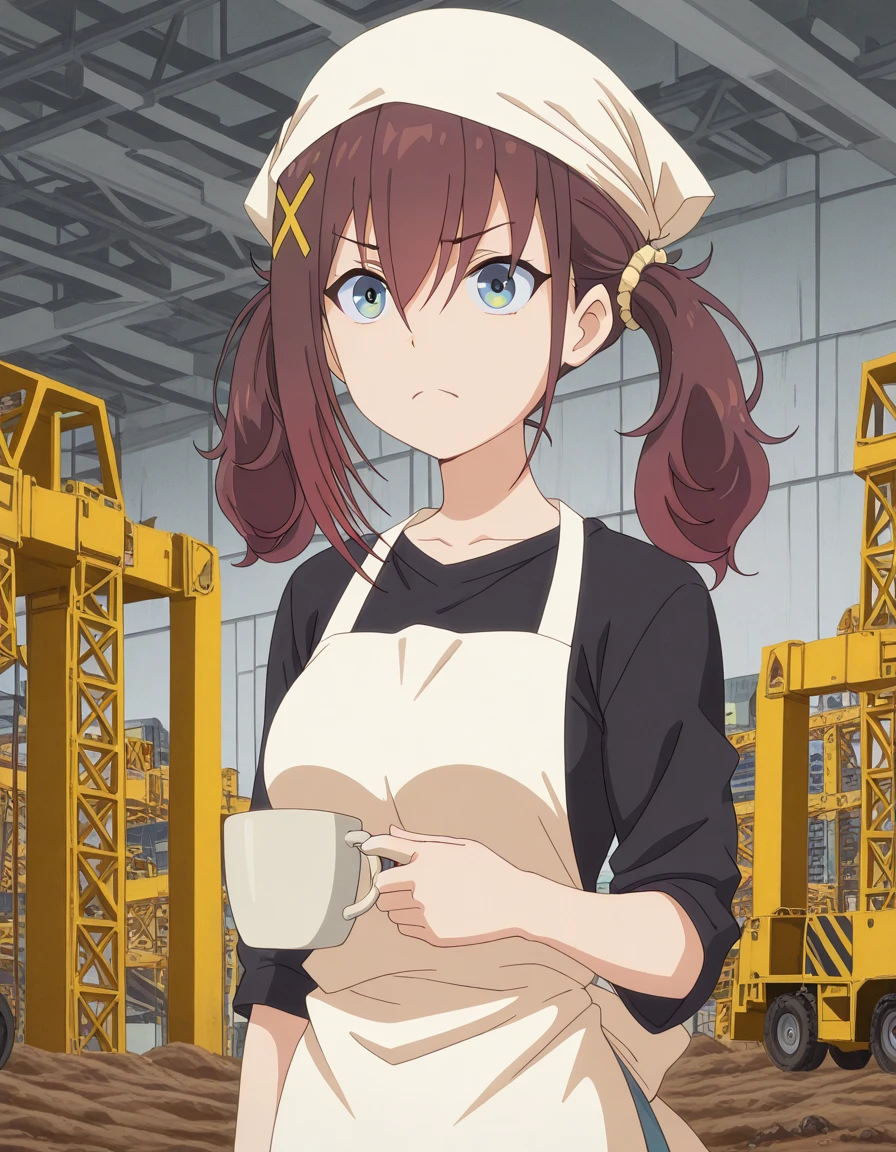 masterpiece, best quality, amazing quality,, <lora:kurea-furutachi-s1-illustriousxl-lora-nochekaiser:1>, kurea furutachi, blue eyes, brown hair, hair ornament, hair between eyes, twintails, red hair, scrunchie, x hair ornament, hair scrunchie, mature female, medium breasts, anime screencap, shirt, apron, black shirt, white apron, head scarf, <lora:shinji-holding-a-mug-illustriousxl-lora-nochekaiser:1>, shinji holding a mug, holding, cup, frown, holding cup, mug, indoors, solo, construction site, machines, workers, progress, dirt, cowboy shot, solo, looking at viewer,