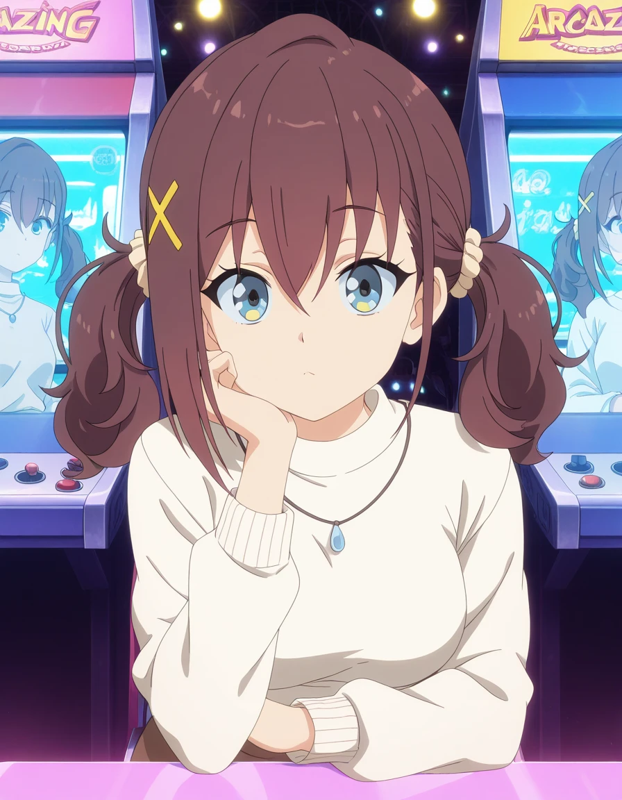 masterpiece, best quality, amazing quality,, <lora:kurea-furutachi-s1-illustriousxl-lora-nochekaiser:1>, kurea furutachi, blue eyes, brown hair, hair ornament, hair between eyes, twintails, red hair, scrunchie, x hair ornament, hair scrunchie, mature female, medium breasts, anime screencap, shirt, skirt, long sleeves, jewelry, white shirt, necklace, sweater, brown skirt, white sweater, sitting, elbow rest, table,, arcade, games, lights, fun, retro, cowboy shot, solo, looking at viewer,