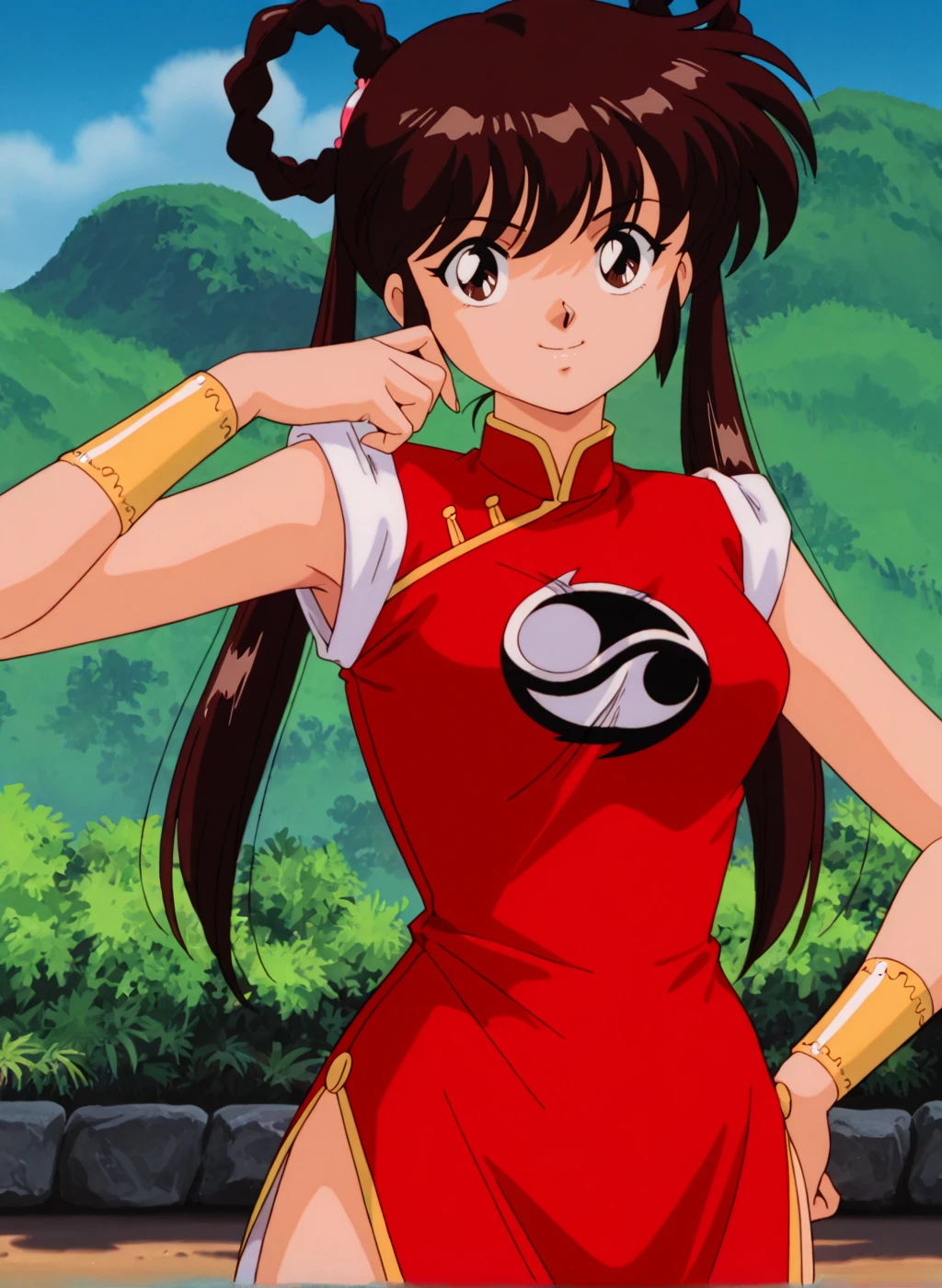 masterpiece,best quality,amazing quality,very aesthetic,high resolution,ultra-detailed,absurdres,newest,scenery BREAK
<lora:mano_youko_V1_NOOB:1>,(mano youko, mamono hunter youko, brown hair, long hair, braided hair rings, twintails, brown eyes),( retro artstyle, 1990s \(style\)),(china dress, red dress, sleeveless dress,hair ornament,bracer, pelvic curtain),1girl,solo,posing,smile,standing,outdoors,close-up,portrait,upper body,