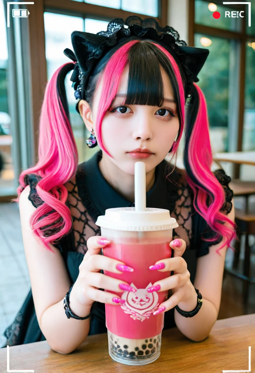 pov across table, (viewfinder,recording),
jirai kei, jiraikei face, photography,a woman,(aegyo sal, tareme), solo, black hair, food, earrings, jewelry, bangs, blunt bangs, twintails, long hair, Expressionless,animal ears, looking at viewer, drinking bubble tea,holding,Holding a drink cup,black eyes, bow, ribbon, indoors, dress, upper body, hairband, cat ears, lips,goth fashion, Gothic, pink hair,black hair,closed mouth,colored inner hair,multicolored hair,lace trim,lace,frills,straw,
pink nails,long fingernails
table, large window, fine fabric emphasis,
(very awa,masterpiece,best quality,newest,highres,absurdres:1),real life, real life insert, real world location, photo background,Coffee shop background,depth of field,bokeh,<lora:PornMaster-jirai kei-IL-V1-lora:0.8> <lora:RE3:0.8>, (asian_japanese:1)