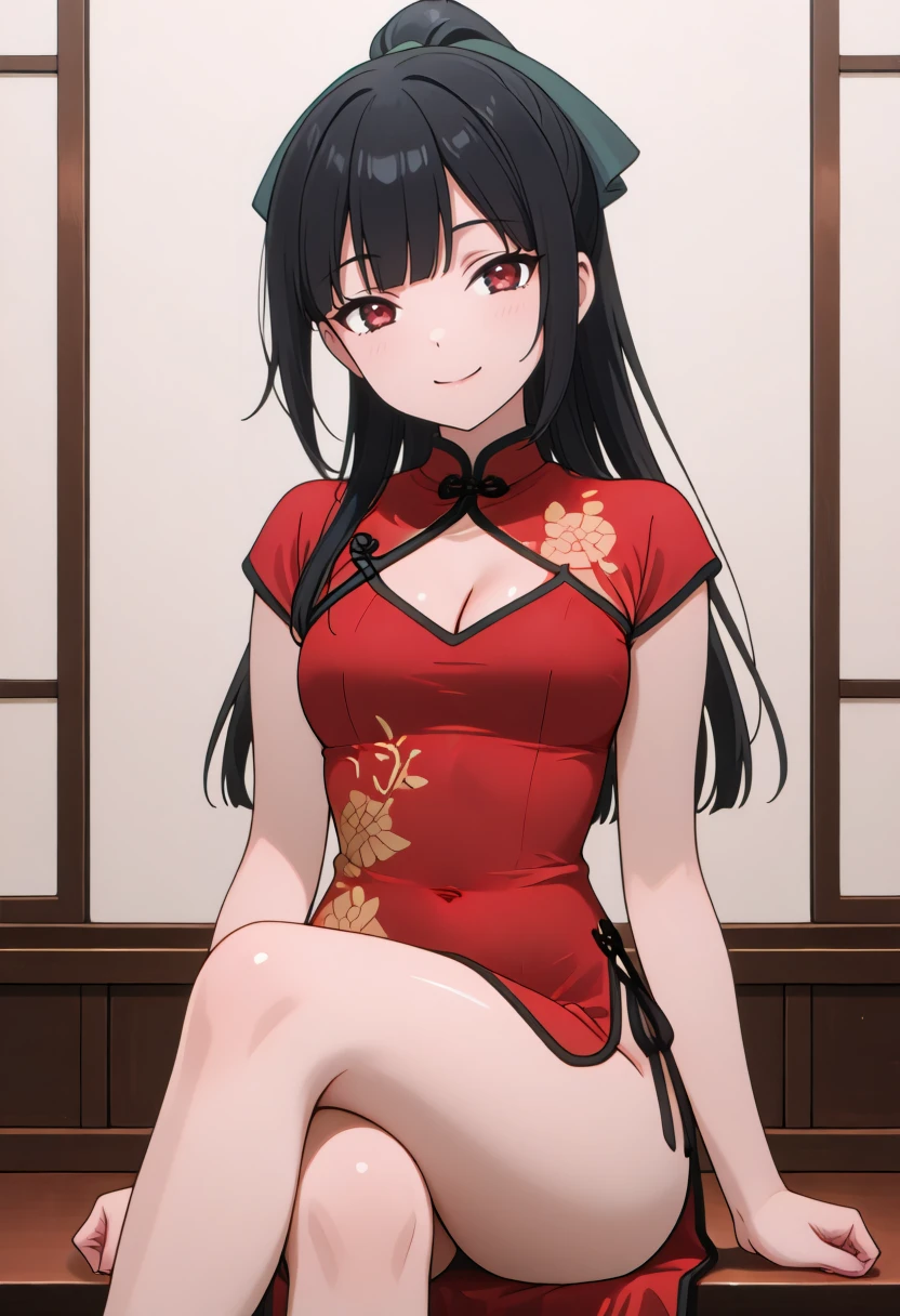 anime screencap,masterpiece,best quality, <lora:China-4v1:1> cha-4v1, 1girl, short dress, china dress, chinese clothes, red dress, short sleeves, side slit, back cutout, black footwear, cleavage
Anime screencap,masterpiece,best quality, solo, 1girl, looking at viewer, sitting, crossed legs, upper body focus, smile, shiny skin.
<lora:Jasmine Flamesworth _v1:0.8> 1girl, long black hair, bangs, high ponytail, green ribbon, red eyes, medium breast,