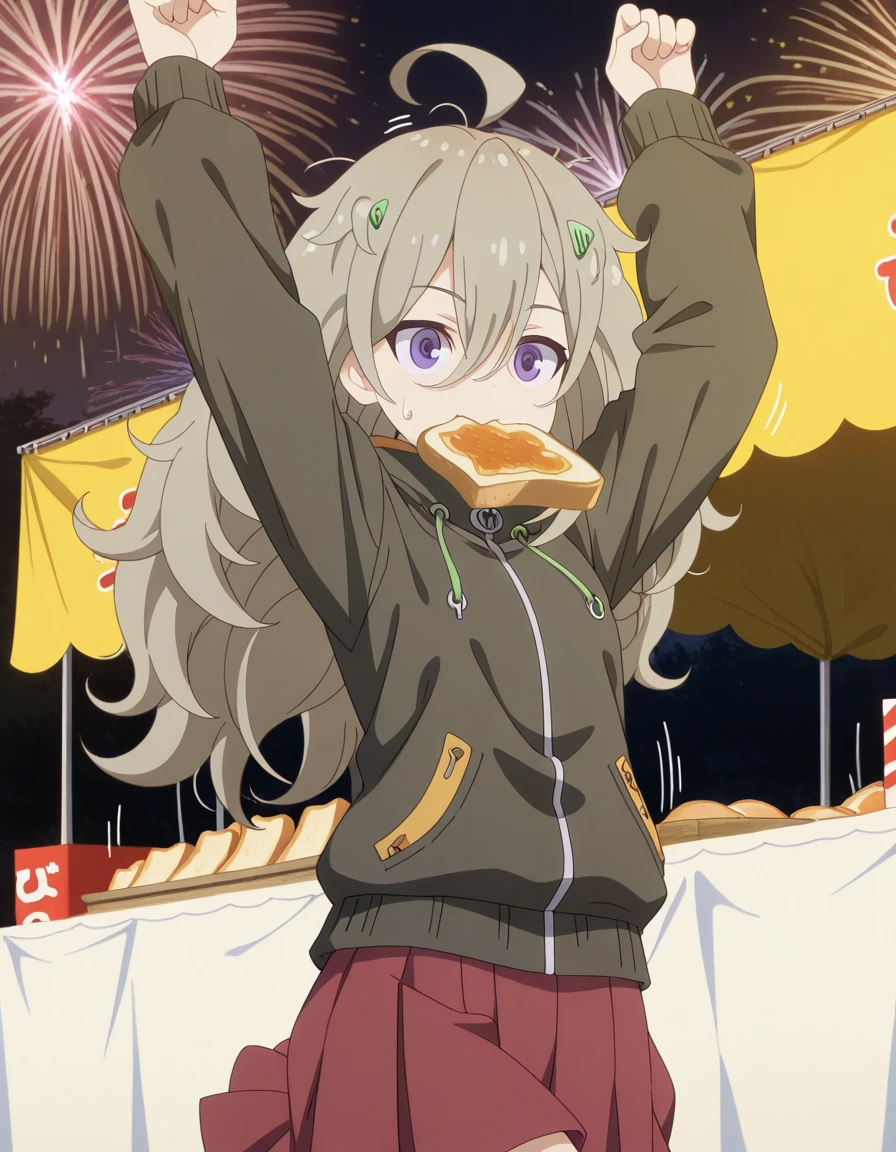 masterpiece, best quality, amazing quality,, <lora:tsutsuji-higa-s1-illustriousxl-lora-nochekaiser:1>, tsutsuji higa, long hair, hair ornament, hair between eyes, purple eyes, grey hair, ahoge, hairclip, messy hair, anime screencap, skirt, long sleeves, jacket, pleated skirt, black jacket, red skirt, zipper, zipper pull tab, <lora:food-in-mouth-running-illustriousxl-lora-nochekaiser:1>, food in mouth running, food in mouth, running, bread, bread slice, food, toast in mouth, toast, sweatdrop, motion lines, motion blur, outdoors, cowboy shot, festival, fireworks, summer night, food stall, traditional, arms up, cowboy shot, solo, looking at viewer,