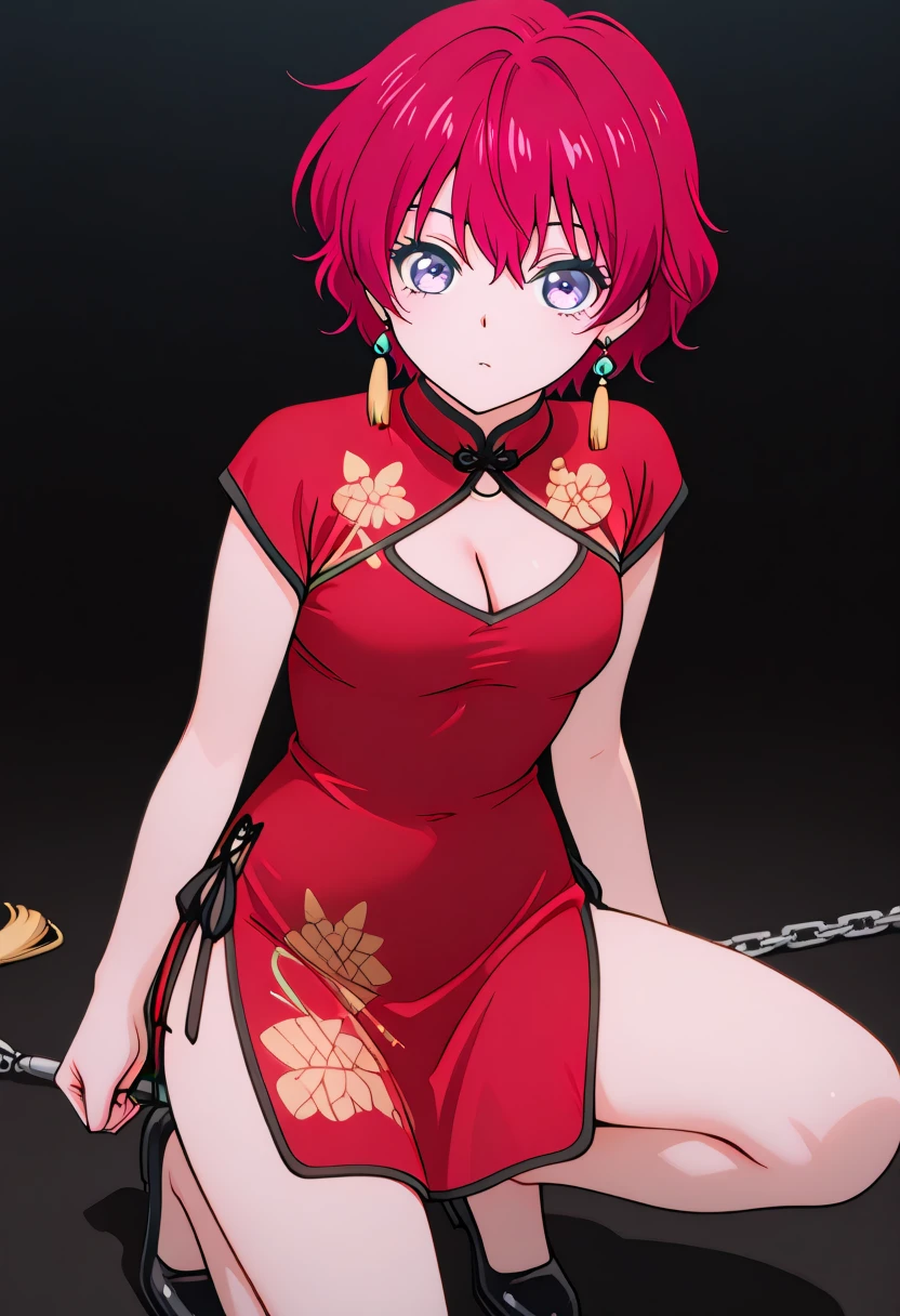 anime screencap,masterpiece,best quality, <lora:China-4v1:1> cha-4v1, 1girl, short dress, china dress, chinese clothes, red dress, short sleeves, side slit, back cutout, black footwear, cleavage <lora:Yona-v3 :0.8> Youna-v1,1girl,solo,red hair,short hair,bangs,purple eyes,medium breast,earrings,
 Anime screencap,masterpiece,best quality, solo, 1girl, looking at viewer, chain, black background, fantasy, still life, gradient, gradient background, framed.
