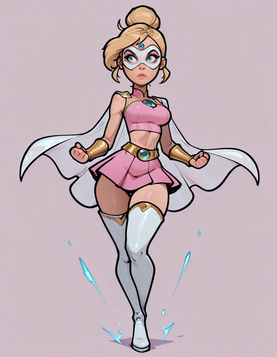 amazing quality, 4k, high resolution, ultra-detailed, newest, <lora:Virtue_Girl_-_Sweet_Superheroine:1> 1girl, blonde hair, hair bun, white mask, cape, blue gem, pink crop top, cleavage cutout, pink skirt, gold wristbands, gold belt, white thighboots, full body, action pose, simple background