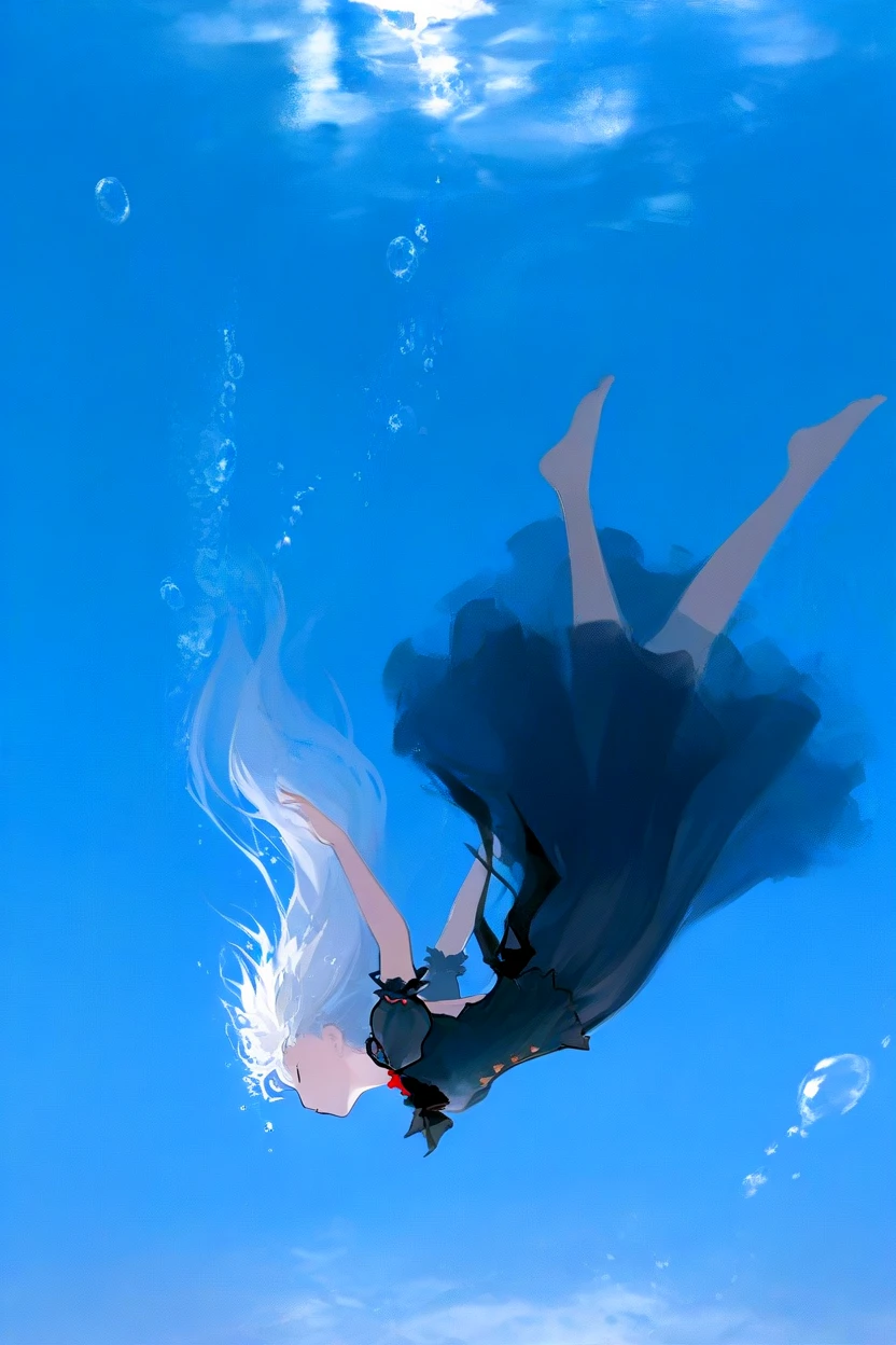 <lora:Melancholy1llust:0.8>,Melancholy,Solitude,Textured Brushstrokes,
masterpiece,good quality,newest,very aesthetic, 1girl, underwater, solo, dress, long hair, barefoot, air bubble, bubble, closed eyes, white hair, blue theme, submerged, water
