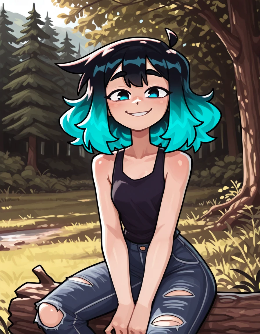 1girl, Ra3lyn.
<lora:OC_Rae_Character_LoRA:1>
<lora:JustAdrian_Style_LoRA:1> ju5t4dr14n,
solo, tank top, bra strap, gradient hair, face, close up, dark clothes, looking at viewer, heavily stylized, drama layer, amazing quality, close up, sunny, sitting on a log, nature, outdoors, ripped jeans, smile,