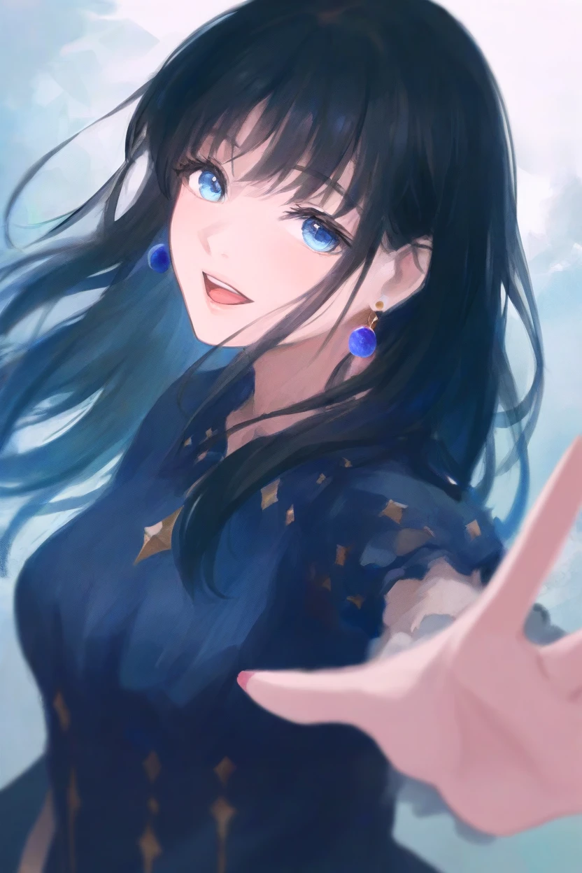 <lora:Melancholy1llust:0.8>,Melancholy,Solitude,Textured Brushstrokes,
masterpiece,good quality,newest,very aesthetic, 1girl, black hair, solo, blue eyes, smile, open mouth, earrings, looking at viewer, jewelry, blurry, long hair, teeth, depth of field, lips, dress, outstretched hand