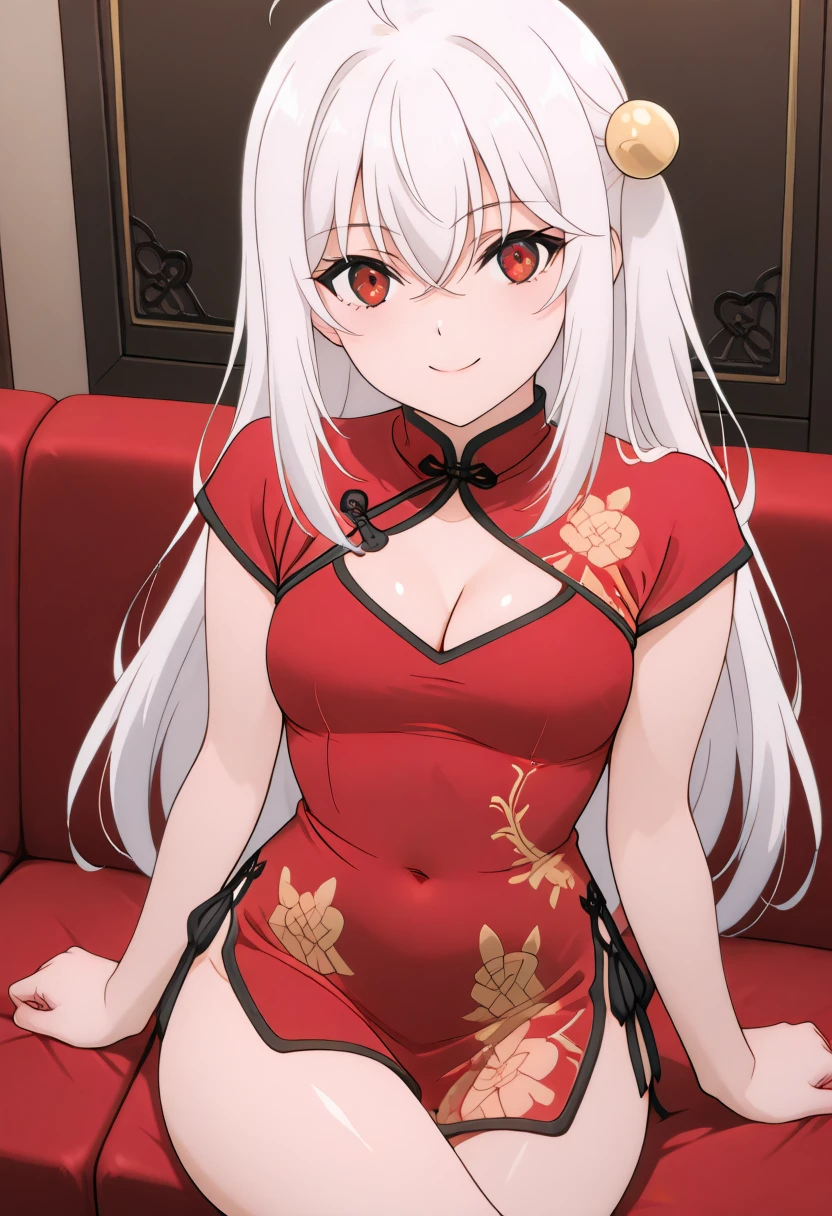 anime screencap,masterpiece,best quality, <lora:China-4v1:1> cha-4v1, 1girl, short dress, china dress, chinese clothes, red dress, short sleeves, side slit, back cutout, black footwear, cleavage 
 Anime screencap,masterpiece,best quality, solo, 1girl, looking at viewer, sitting, crossed legs, upper body focus, smile, shiny skin.
 <lora:ninym-v1:0.8> ninym-v1,1girl,solo,red eyes,white hair,long hair,bangs,ahoge,medium breast,