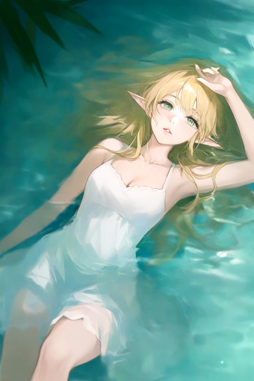 <lora:Melancholy1llust:0.8>,Melancholy,Solitude,Textured Brushstrokes,
masterpiece,good quality,newest,very aesthetic, 1girl, solo, pointy ears, freckles, partially submerged, breasts, dress, water, green eyes, white dress, , afloat, parted lips, long hair, looking at viewer, lips, cleavage, collarbone, elf