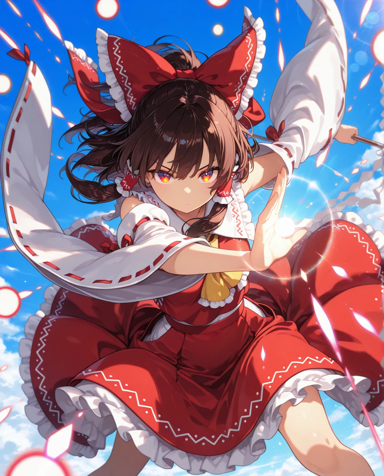 1girl,solo,hakurei reimu,danmaku, sky,blue sky,lens flare, glowing,
dynamic pose,  
masterpiece, highres, absurdres, newest,close-up, 