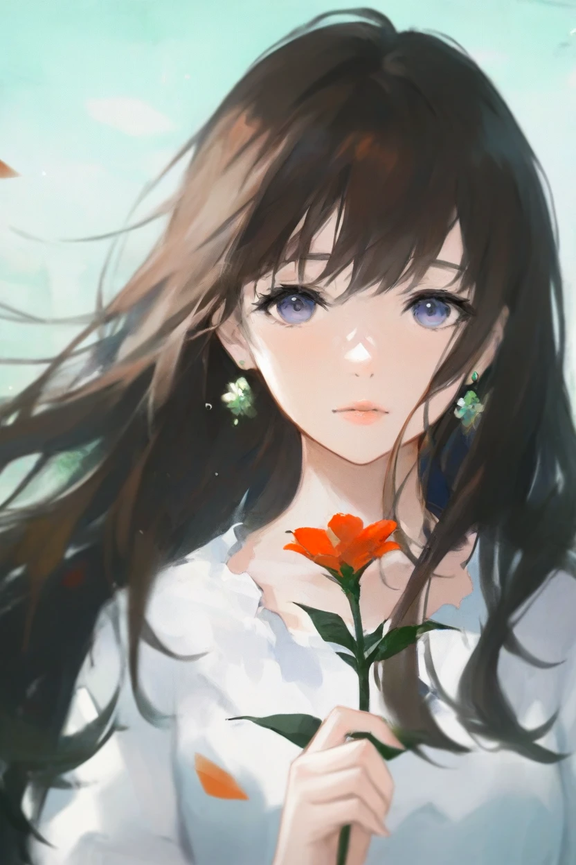 <lora:Melancholy1llust:0.8>,Melancholy,Solitude,Textured Brushstrokes,
masterpiece,good quality,newest,very aesthetic, 1girl, solo, flower, earrings, shirt, holding, jewelry, white shirt, long hair, holding flower, upper body, looking at viewer, brown hair, lips, black hair