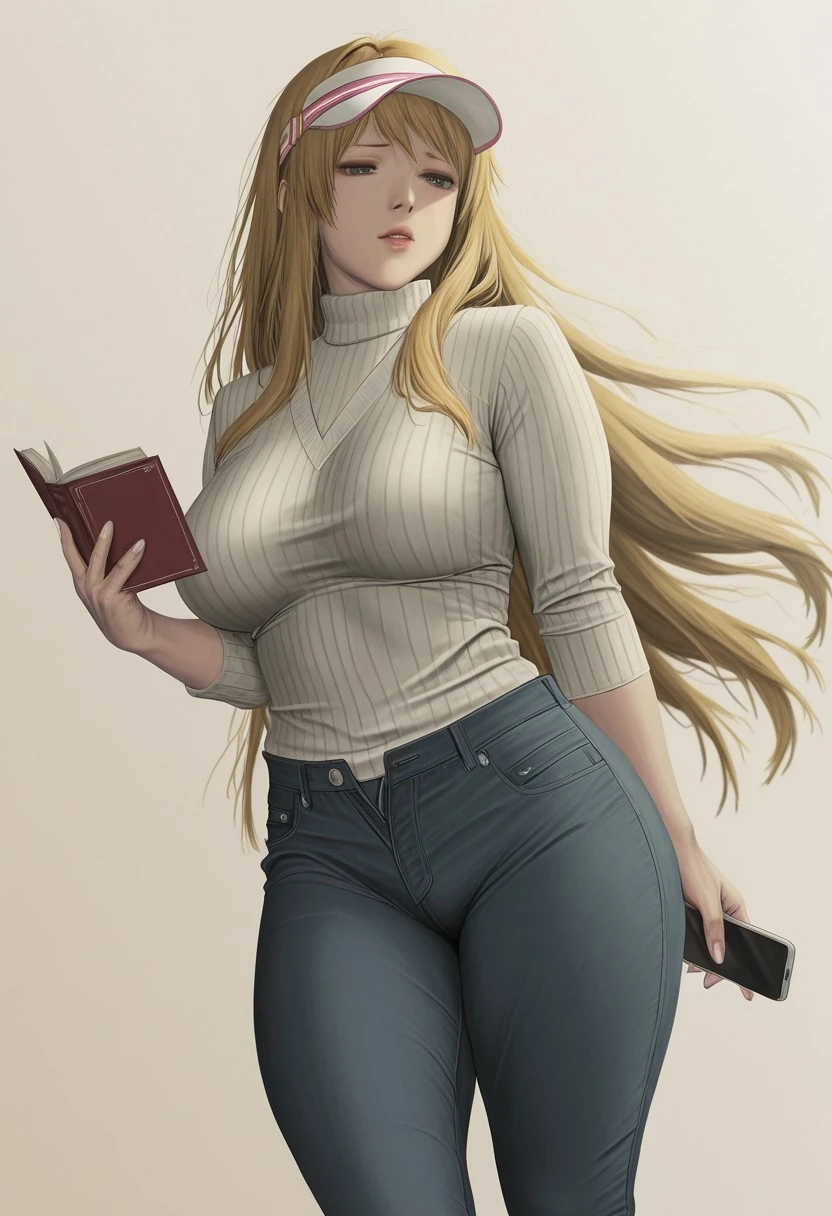 Generate a anime women with sexy looks and big boobs, thick tights, blonder hair, blue eyes, wearing black compressed long sleeved tshirt with white baggy jeans, holding a manga