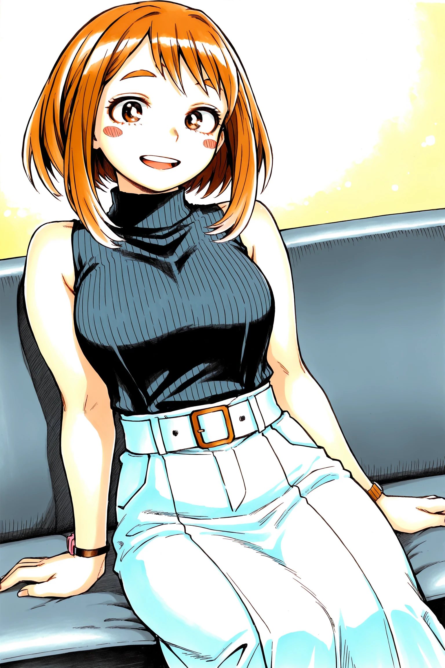 <lora:Ochako_Uraraka_My_Hero_Academia_Chapter_431:1>
Ochako casual clothing (outfit), 1girl, uraraka ochako, brown eyes, brown hair, solo, sitting, blush stickers, open mouth, looking at viewer, couch, short hair, long skirt, sleeveless, turtleneck, formal, belt, bare shoulders, watch, smile, cowboy shot, traditional media