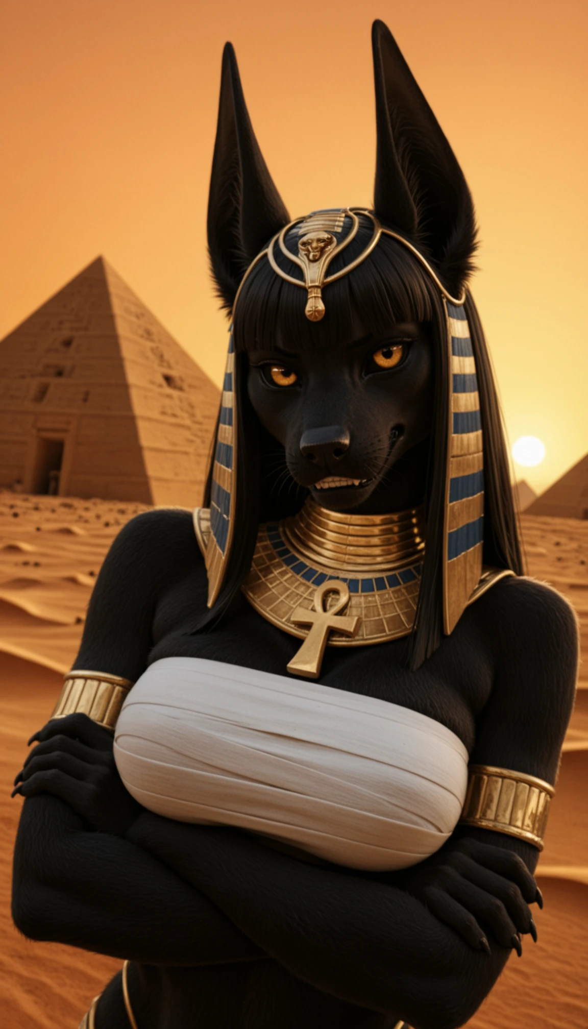In the fanciful image of Anubis, The Egyptian god of mummification and the afterlife, vemos uma figura misteriosa e imponente, shrouded in an aura of mystery and power.
He is depicted in a desert and majestic landscape, cercado por pilares e monumentos antigos, representing their connection to the world of the dead and funerary rituals in ancient Egypt.
The skin of Anubis is of a dark and golden hue, symbolizing his divine nature and his association with the earth and mortality.
His eyes shine with a menacing, piercing light, representing his vigilance over the realm of the dead and his ability to judge souls.
Anubis is dressed in sumptuous robes and a robe adorned with Egyptian symbols, like the eye of Horus and the ankh, reflecting his position as guardian of the dead and protector of the tombs.
in her hands, He holds a scepter with the head of a jackal, which is your sacred animal, simbolizando sua identidade como deus dos mortos.
Ao seu redor, Spirits and souls are present, representing the constant presence of Anubis in the world of the dead.
in sky, twinkling stars form the backdrop, representing its association with the celestial kingdom and the mystery of the afterlife.
This fanciful image of Anubis personifies his mystical and enigmatic aura, portraying him as a venerable and powerful god. He is represented as a divine figure whose presence inspires respect and admiration, enquanto ele exerce seu papel como guia dos mortos e juiz das almas, guiding them on the journey after death and ensuring their passage to the afterlife.