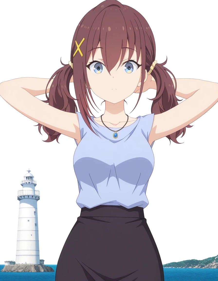 masterpiece, best quality, amazing quality,, <lora:kurea-furutachi-s1-illustriousxl-lora-nochekaiser:1>, kurea furutachi, blue eyes, brown hair, hair ornament, hair between eyes, twintails, red hair, scrunchie, x hair ornament, hair scrunchie, mature female, medium breasts, anime screencap, shirt, skirt, jewelry, collarbone, sleeveless, black skirt, necklace, sleeveless shirt, bare arms, blue shirt, pencil skirt, pendant,, hands behind head,, lighthouse, light, sea, tall, guidance, cowboy shot, solo, looking at viewer, <lora:transparent-background-illustriousxl-lora-nochekaiser:1>, transparent background, simple background, white background