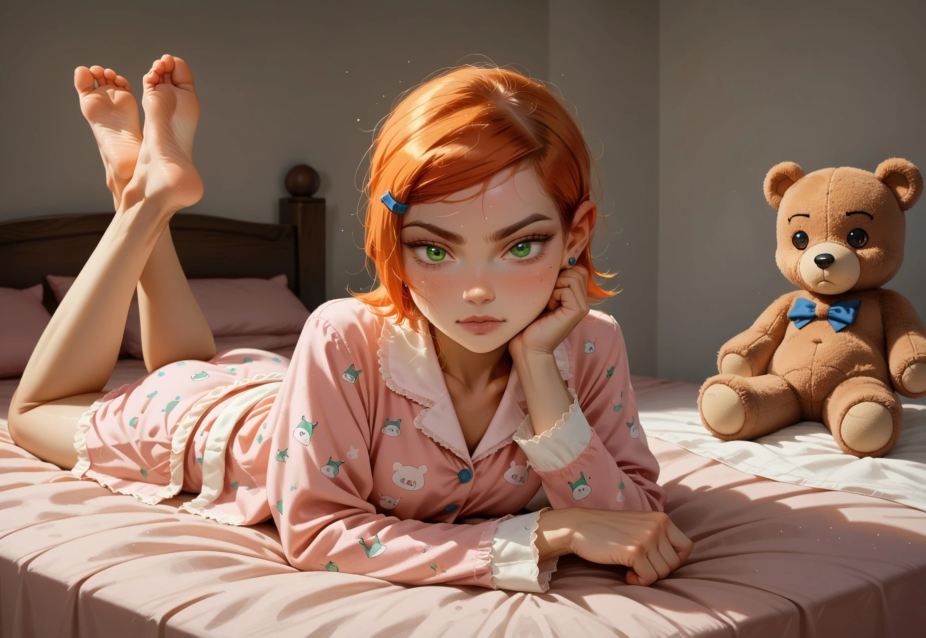 score_9, score_8_up, score_7_up, score_6_up, score_5_up,  1girl, gwen tennyson (/Ben10)/,(ultra HD quality details), bright orange hair, short hair, (green eyes)
lying on stomach, feet up, pajamas, barefoot, curvy, teddy bear, bed, pink theme