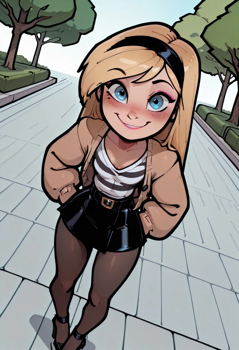 amazing quality, 4k, high resolution, ultra-detailed, newest, 1girl, blonde hair, straight hair, swept bangs, black headband, makeup, mole under eye, brown cardigan, striped shirt, black belt, black skirt, tights, black heels, closeup, from above, smile, dutch angle, looking at viewer, downblouse, blush, hands on hips, park, scharp