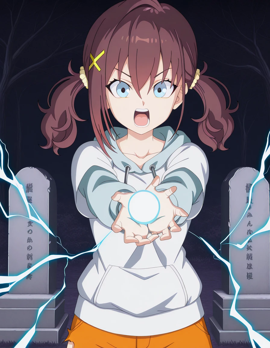 masterpiece, best quality, amazing quality,, <lora:kurea-furutachi-s1-illustriousxl-lora-nochekaiser:1>, kurea furutachi, blue eyes, brown hair, hair ornament, hair between eyes, twintails, red hair, scrunchie, x hair ornament, hair scrunchie, mature female, medium breasts, anime screencap, long sleeves, collarbone, short sleeves, hood, hoodie, drawstring, white hoodie, <lora:kamehameha-illustriousxl-lora-nochekaiser:1>, kamehameha, kamehameha (dragon ball), open mouth, incoming attack, torn clothes, shouting, energy, energy beam, energy ball, electricity,, graveyard, tombstones, dark, trees, eerie, cowboy shot, solo, looking at viewer, <lora:transparent-background-illustriousxl-lora-nochekaiser:1>, transparent background, simple background, white background